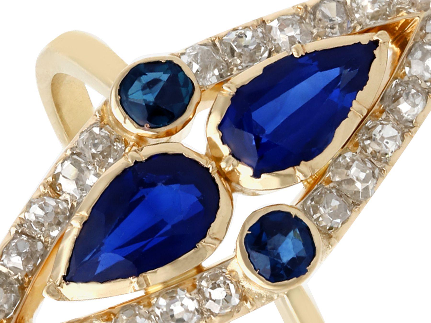 Marquise Cut Victorian 1.35 Carat Sapphire and 1.32 Carat Diamond Yellow Gold Marquise Ring