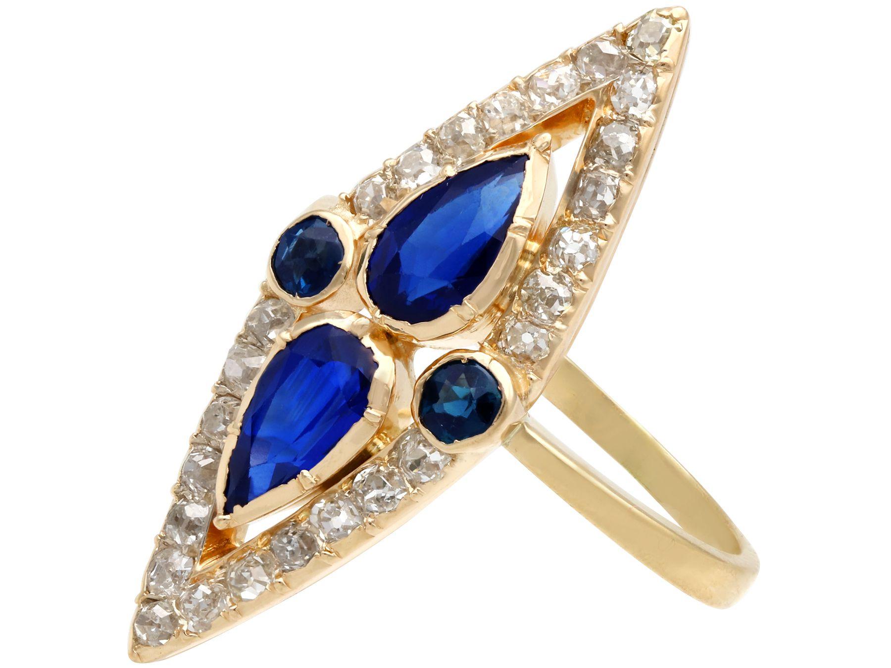 Victorian 1.35 Carat Sapphire and 1.32 Carat Diamond Yellow Gold Marquise Ring In Excellent Condition In Jesmond, Newcastle Upon Tyne