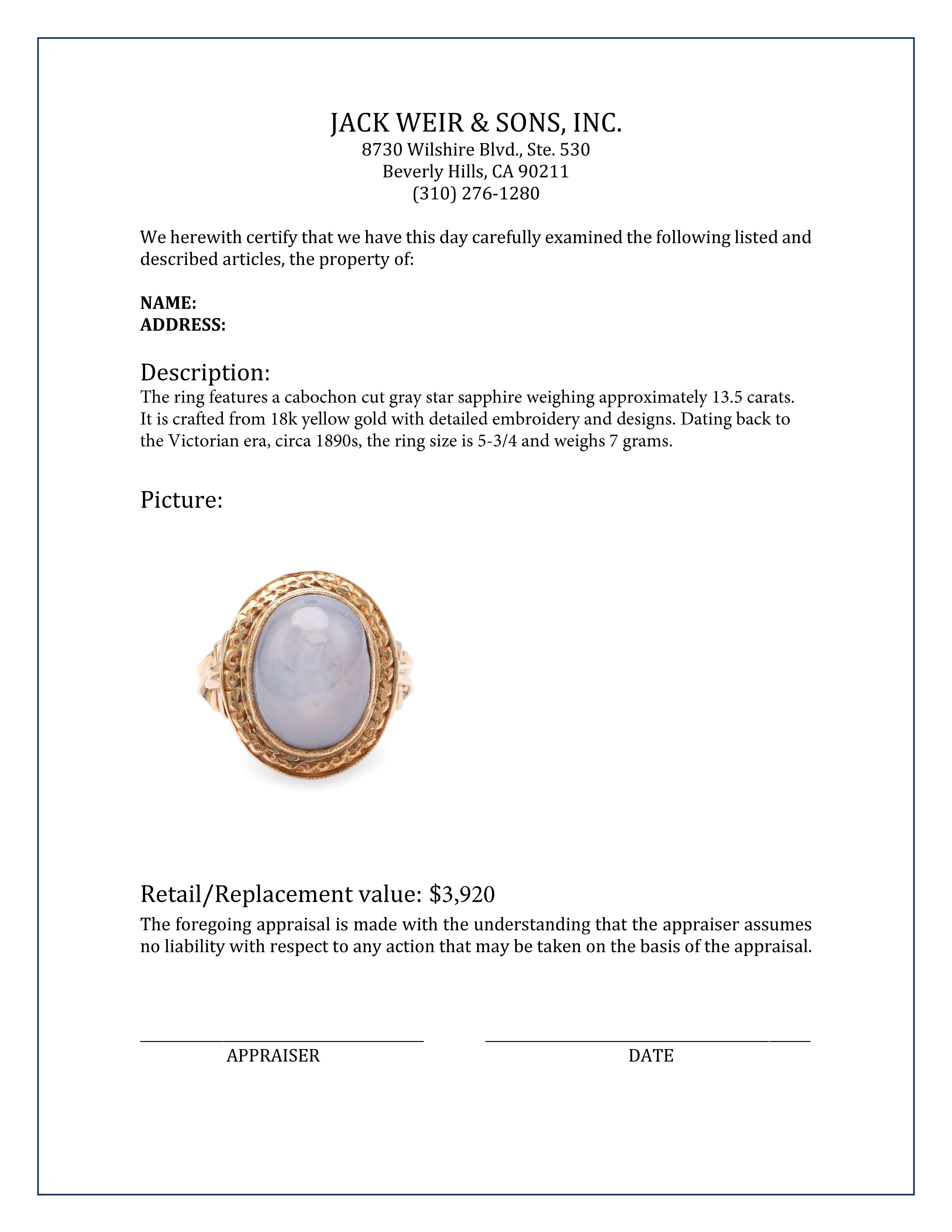 Women's or Men's Victorian 13.5 Carat Star Sapphire Yellow Gold Ring
