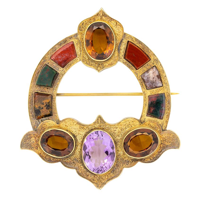Oval Cut Victorian 13.50ct Citrine and Amethyst Brooch, c.1880s For Sale