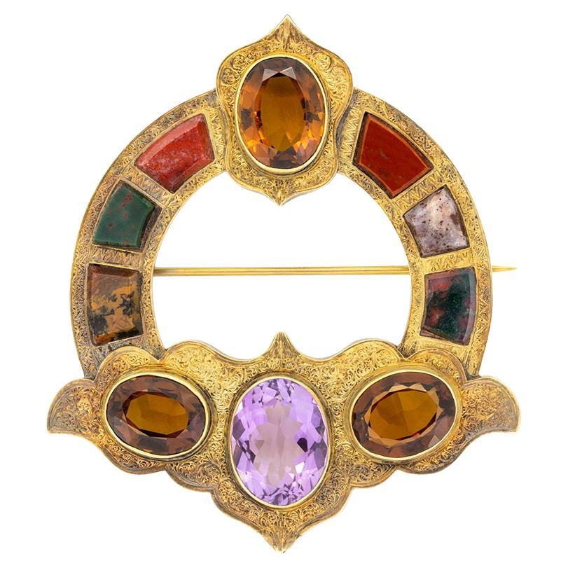 Victorian 13.50ct Citrine and Amethyst Brooch, c.1880s For Sale