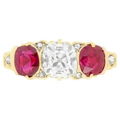 Antique Victorian 1.35ct Diamond and Ruby Three Stone, c.1880s