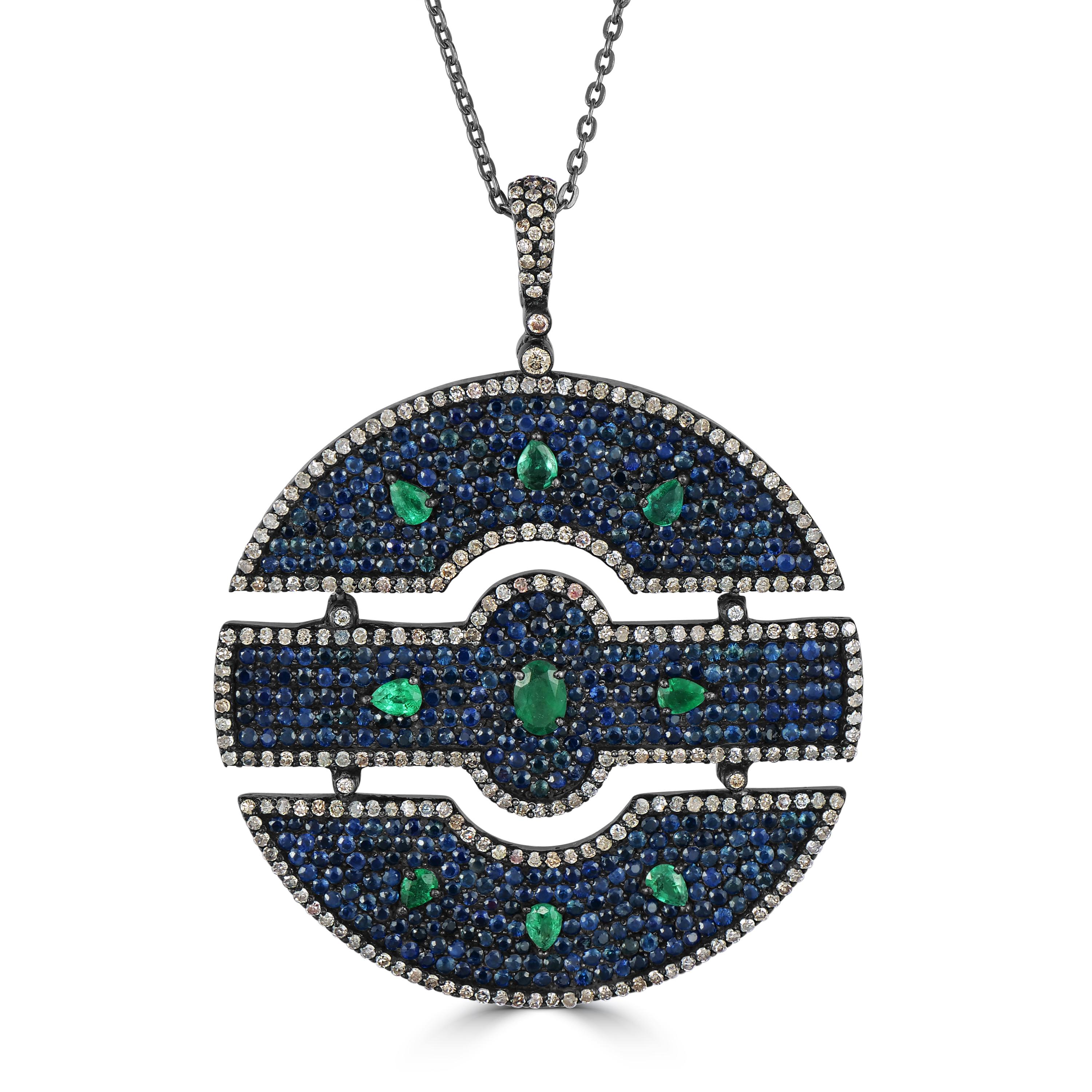 Round Cut Victorian 13.6 Cttw. Blue Sapphire, Emerald, Topaz and Diamond Pendant Necklace For Sale