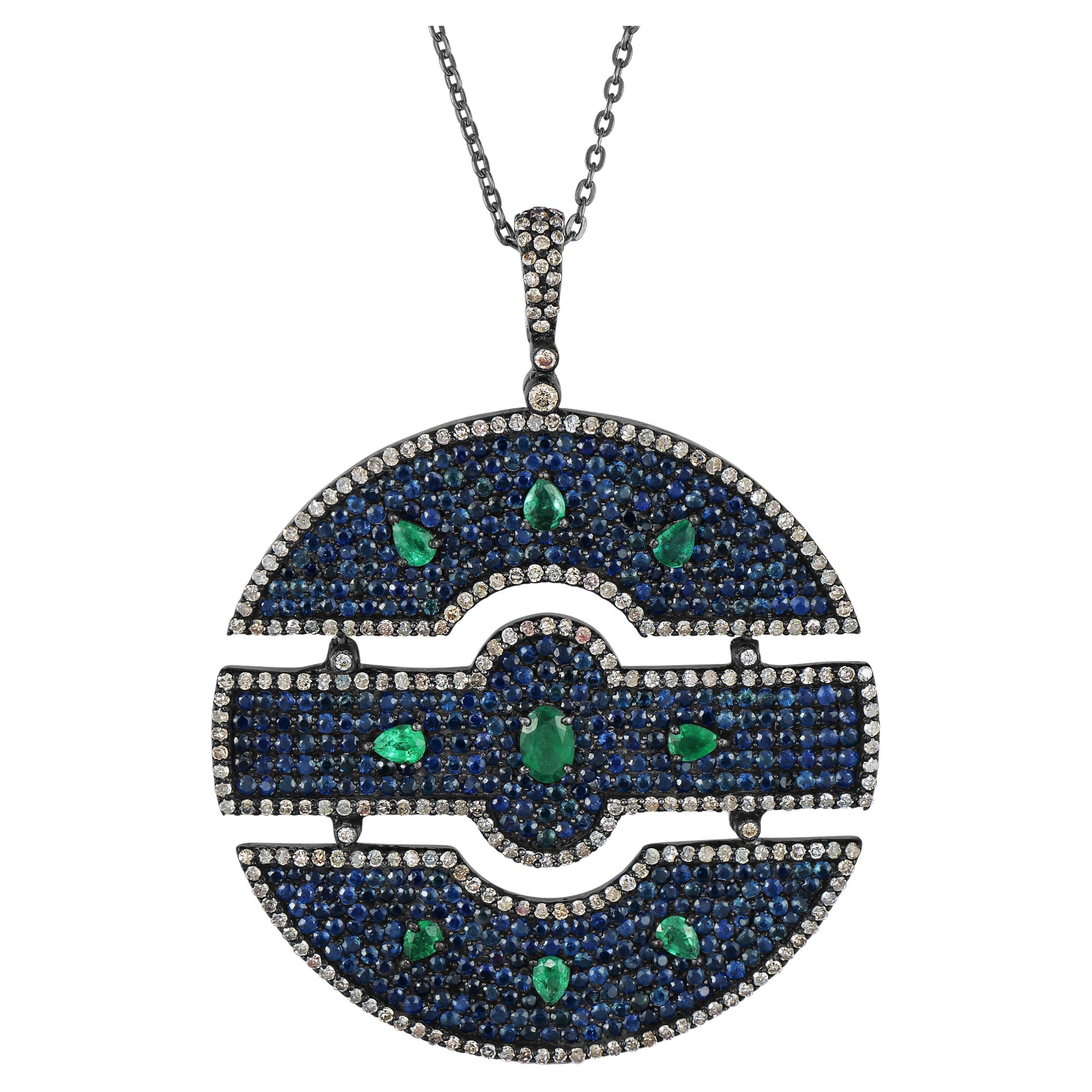 Victorian 13.6 Cttw. Blue Sapphire, Emerald, Topaz and Diamond Pendant Necklace For Sale