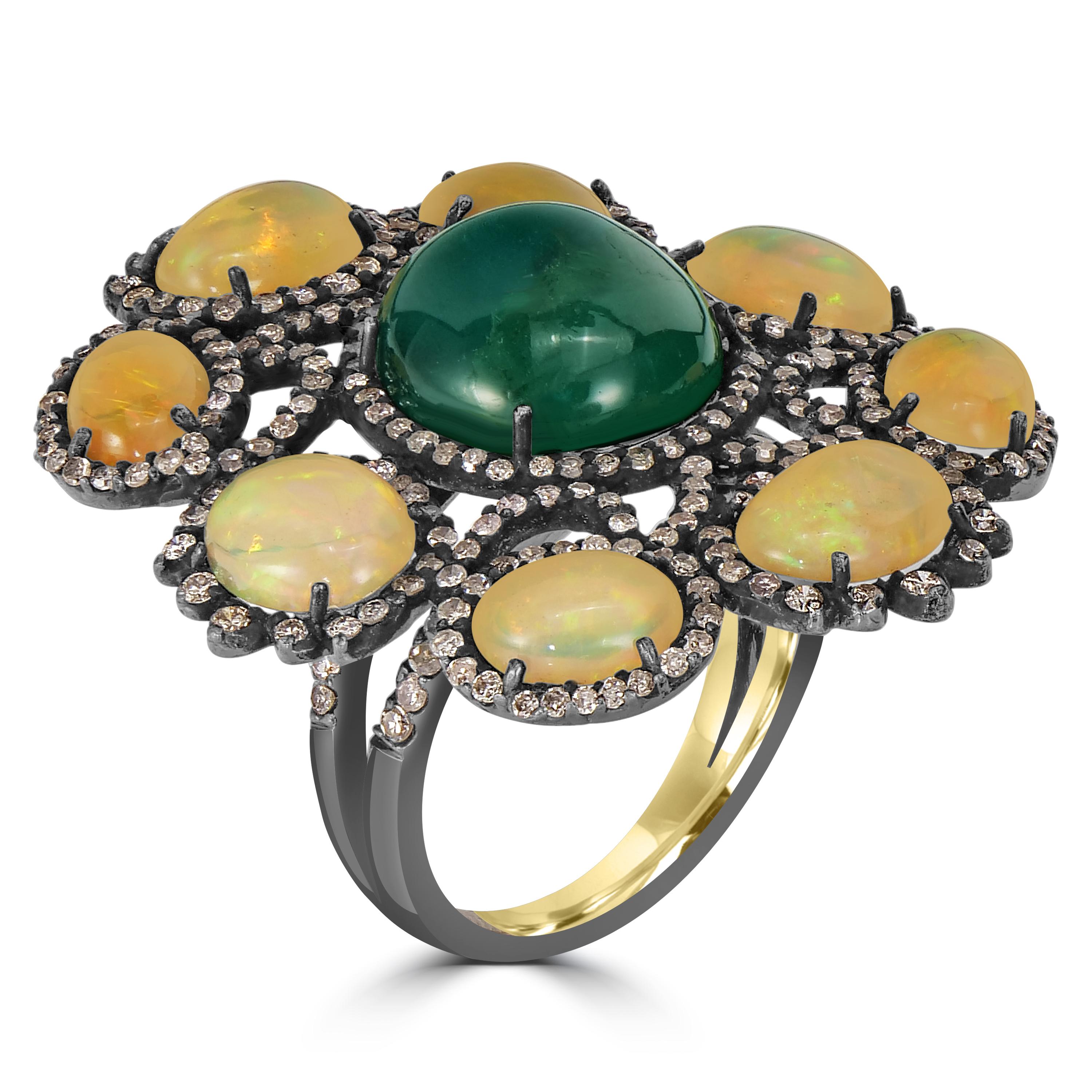 
Introducing our exquisite Victorian Emerald, Opal, and Diamond Split Shank Floral Cocktail Ring, a statement piece that embodies the opulence and timeless charm of the Victorian era. Crafted with meticulous attention to detail, this ring is a