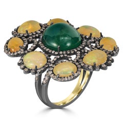 Victorian 13.6 Cttw. Natural Emerald, Opal and Diamond Ring Size 7 In 18K/SS