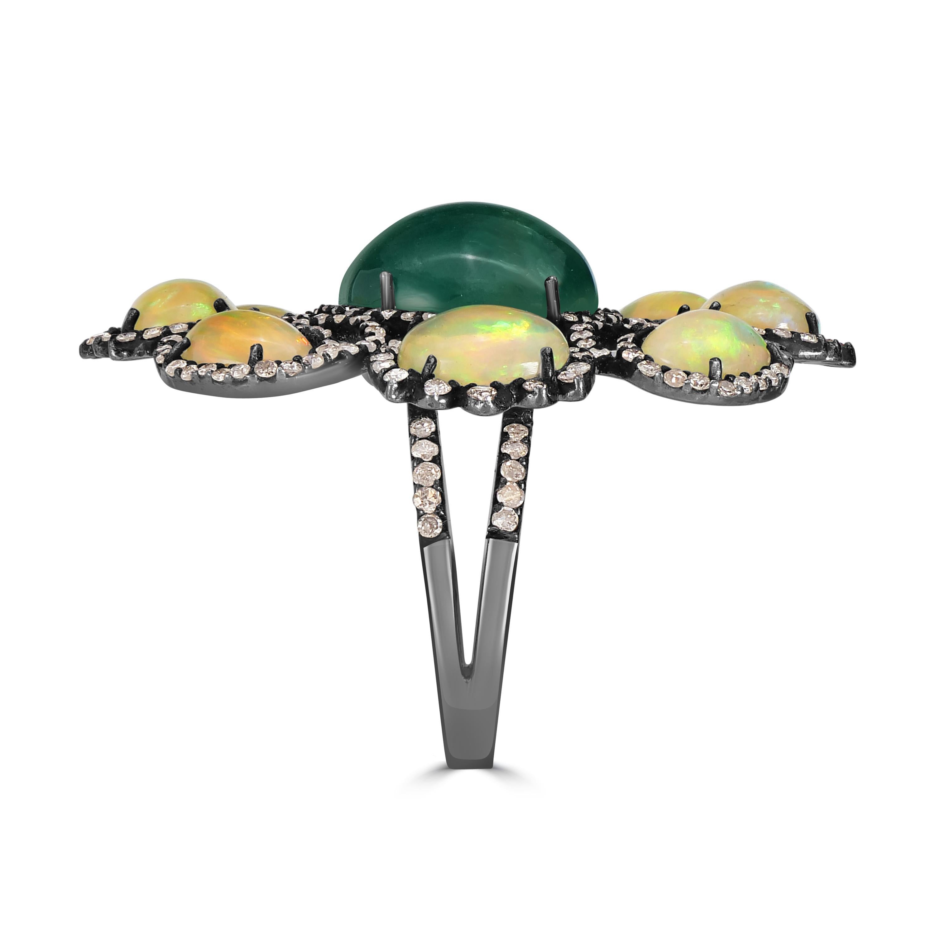 Round Cut Victorian 13.6 Cttw. Emerald, Opal and Diamond Split Shank Floral Cocktail Ring For Sale