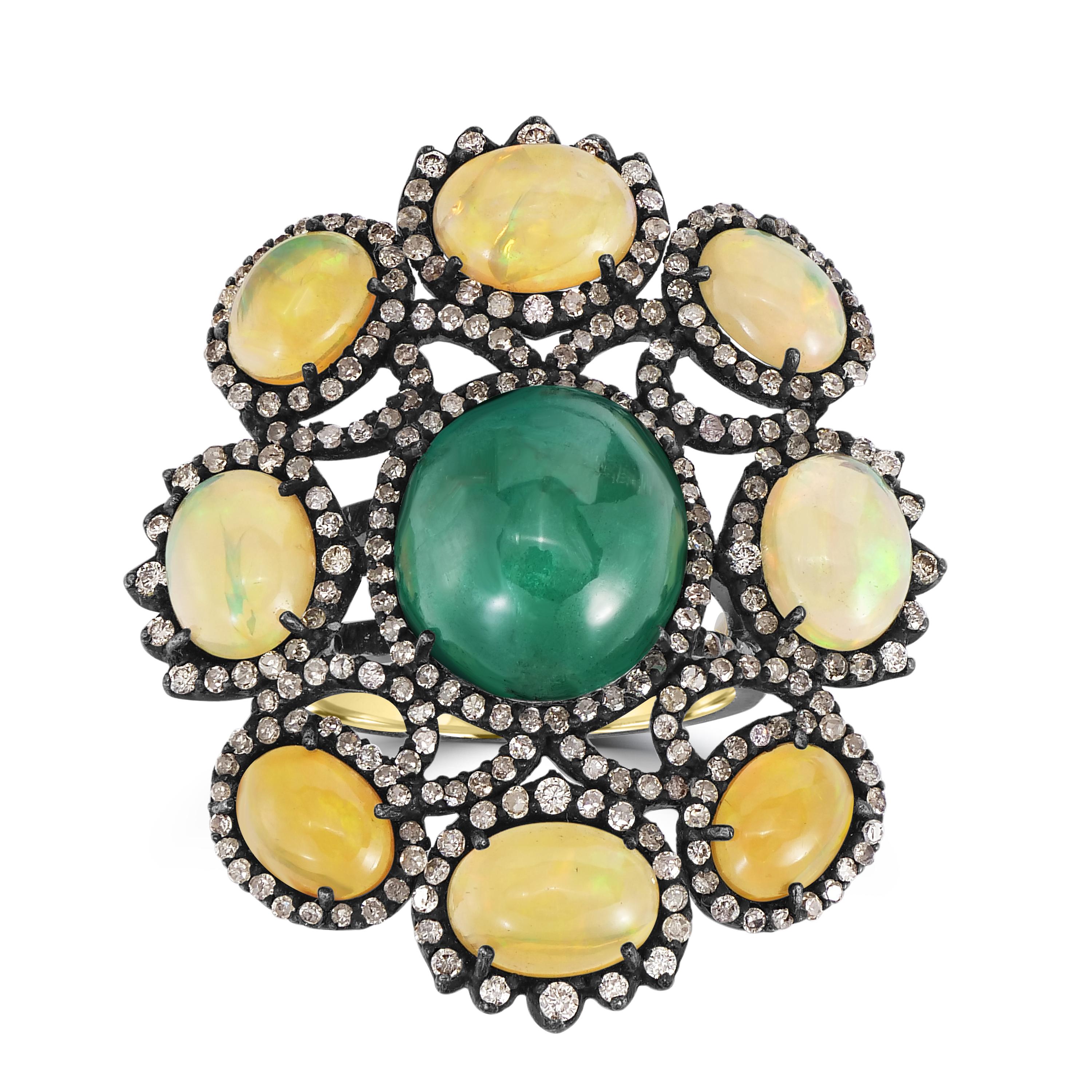 Victorian 13.6 Cttw. Emerald, Opal and Diamond Split Shank Floral Cocktail Ring In New Condition For Sale In New York, NY