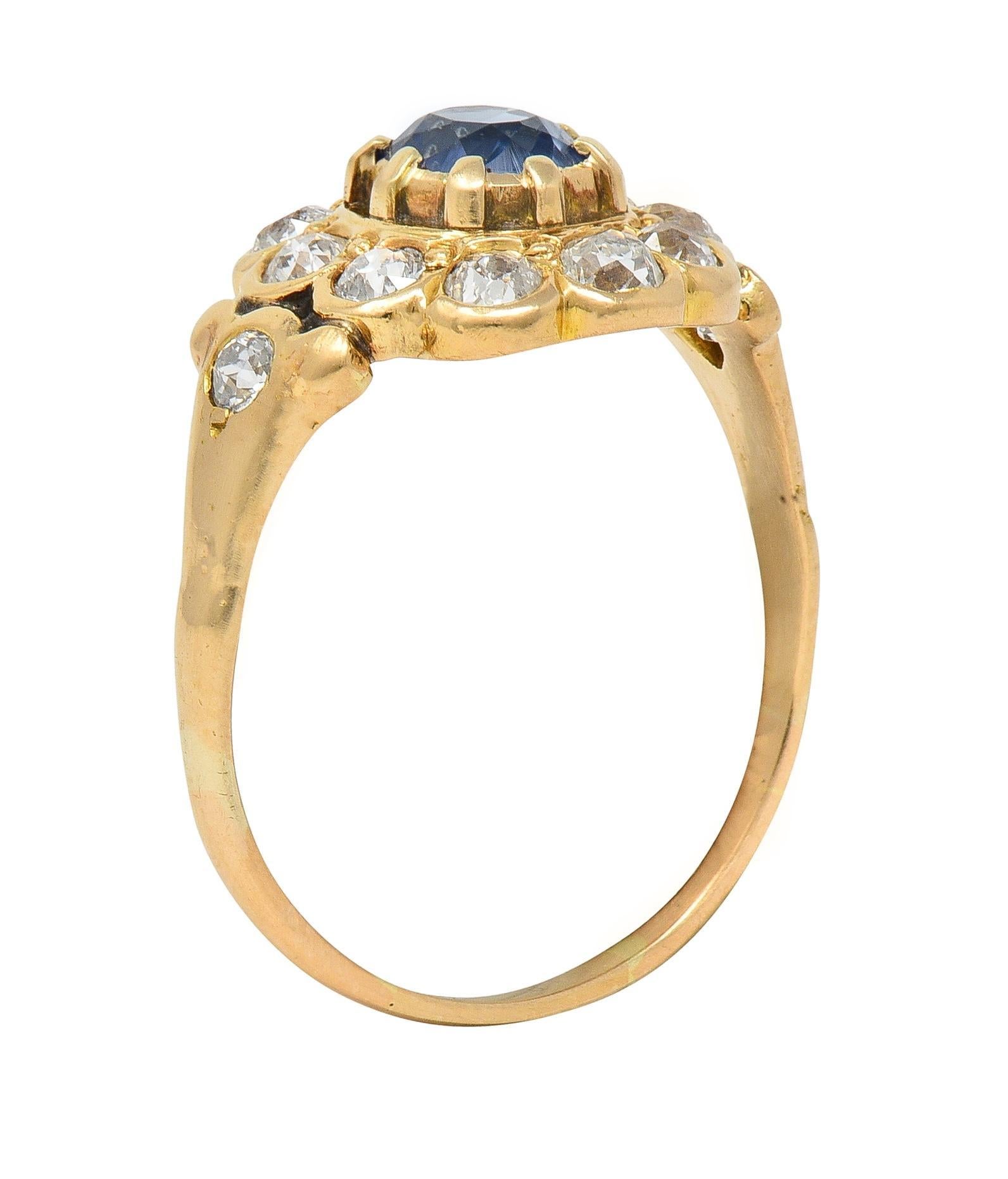 Victorian 1.37 CTW Sapphire Diamond 14 Karat Yellow Gold Antique Halo Ring 5