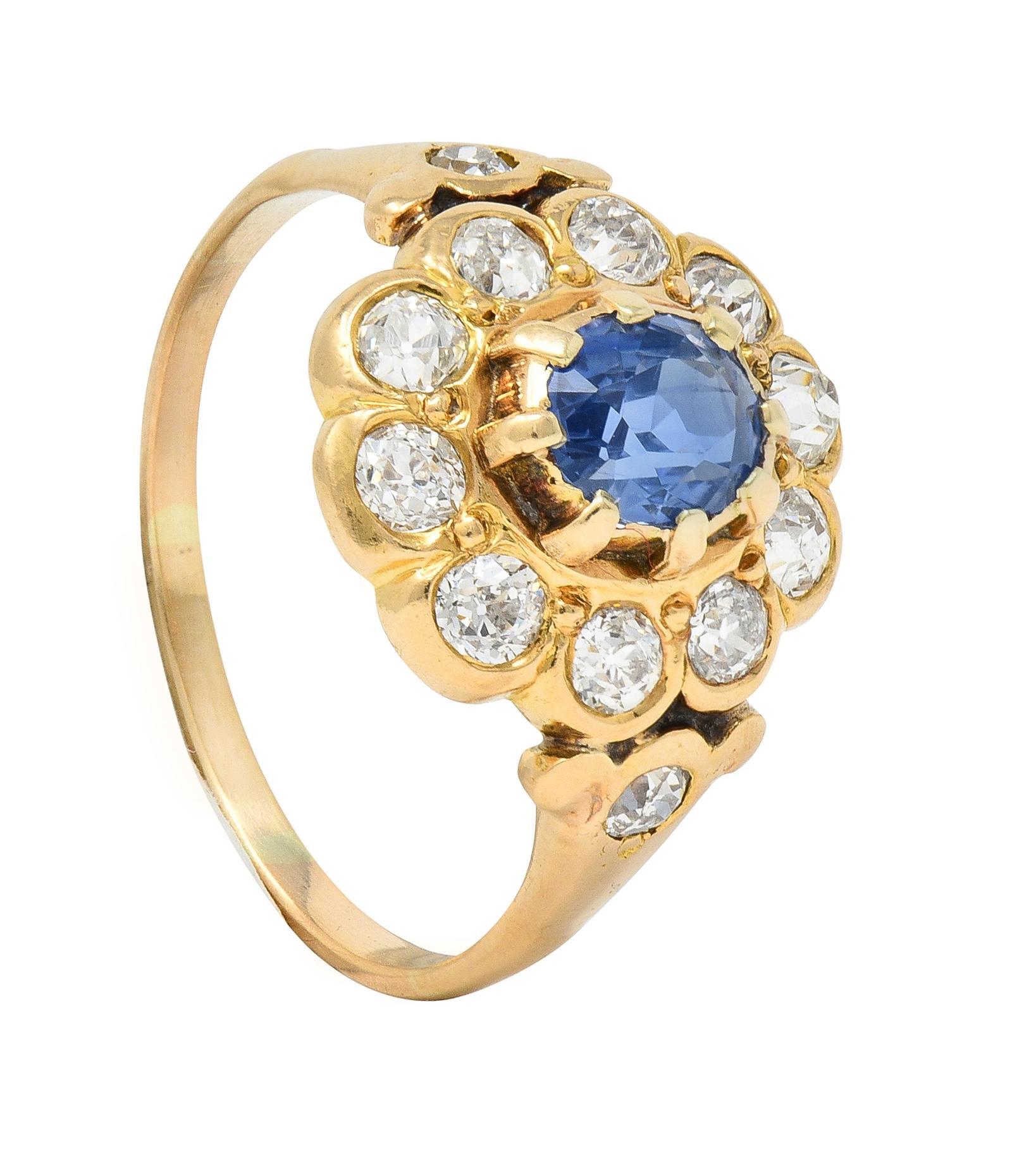 Victorian 1.37 CTW Sapphire Diamond 14 Karat Yellow Gold Antique Halo Ring 6