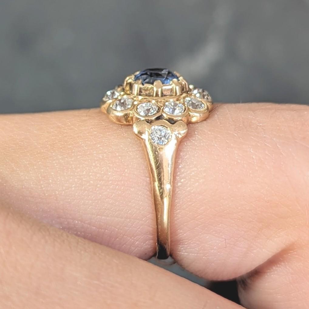 Victorian 1.37 CTW Sapphire Diamond 14 Karat Yellow Gold Antique Halo Ring 8