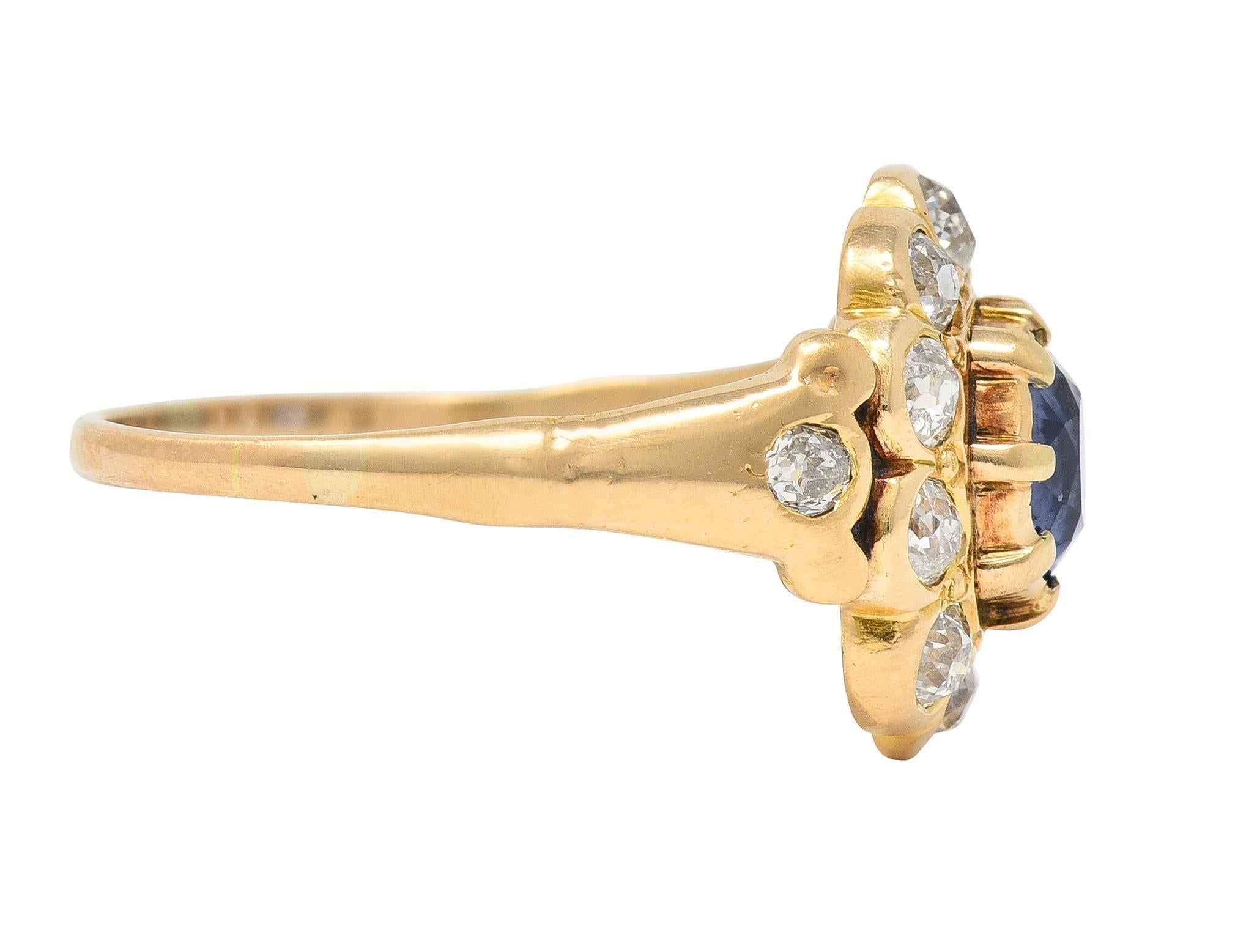 Old European Cut Victorian 1.37 CTW Sapphire Diamond 14 Karat Yellow Gold Antique Halo Ring