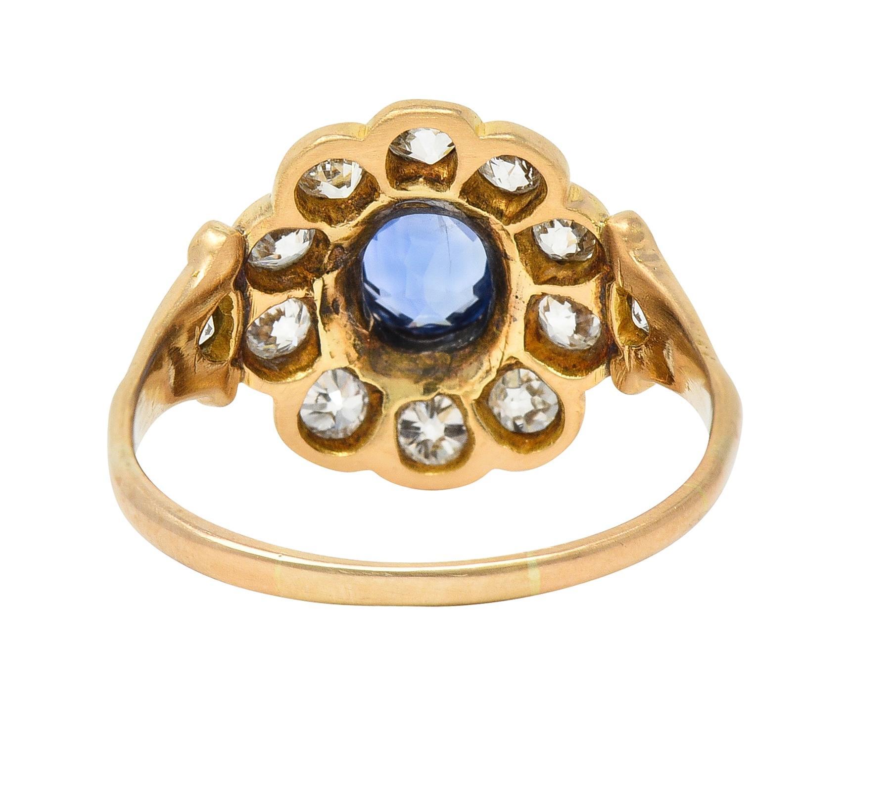 Victorian 1.37 CTW Sapphire Diamond 14 Karat Yellow Gold Antique Halo Ring In Excellent Condition In Philadelphia, PA