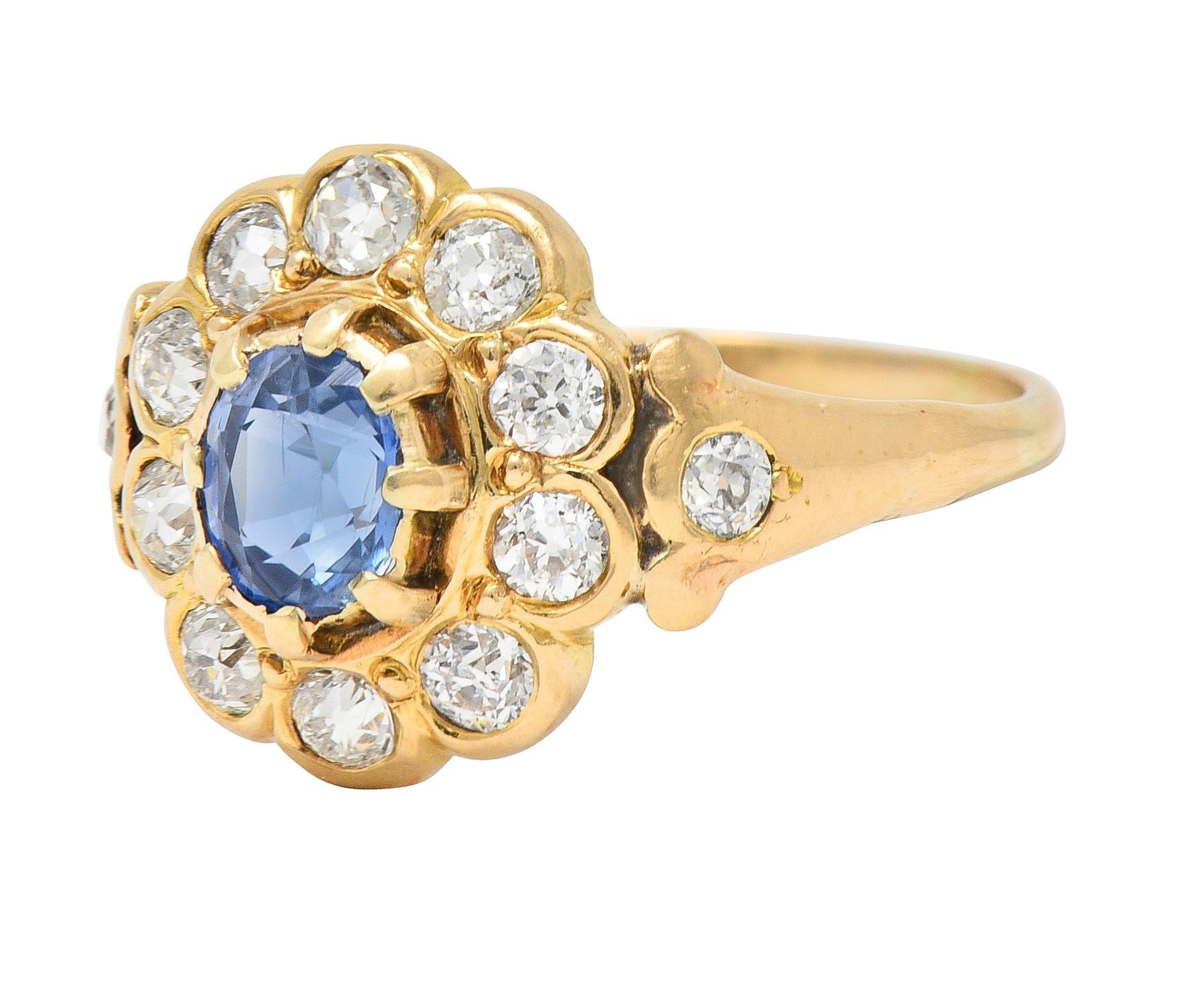 Women's or Men's Victorian 1.37 CTW Sapphire Diamond 14 Karat Yellow Gold Antique Halo Ring