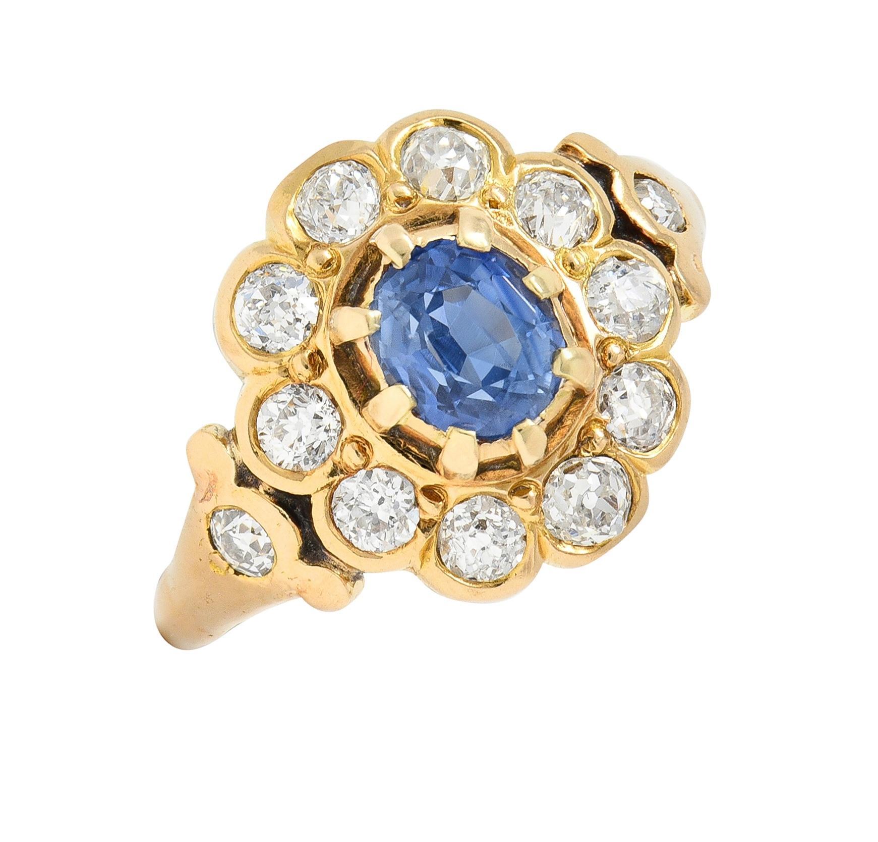 Victorian 1.37 CTW Sapphire Diamond 14 Karat Yellow Gold Antique Halo Ring 1