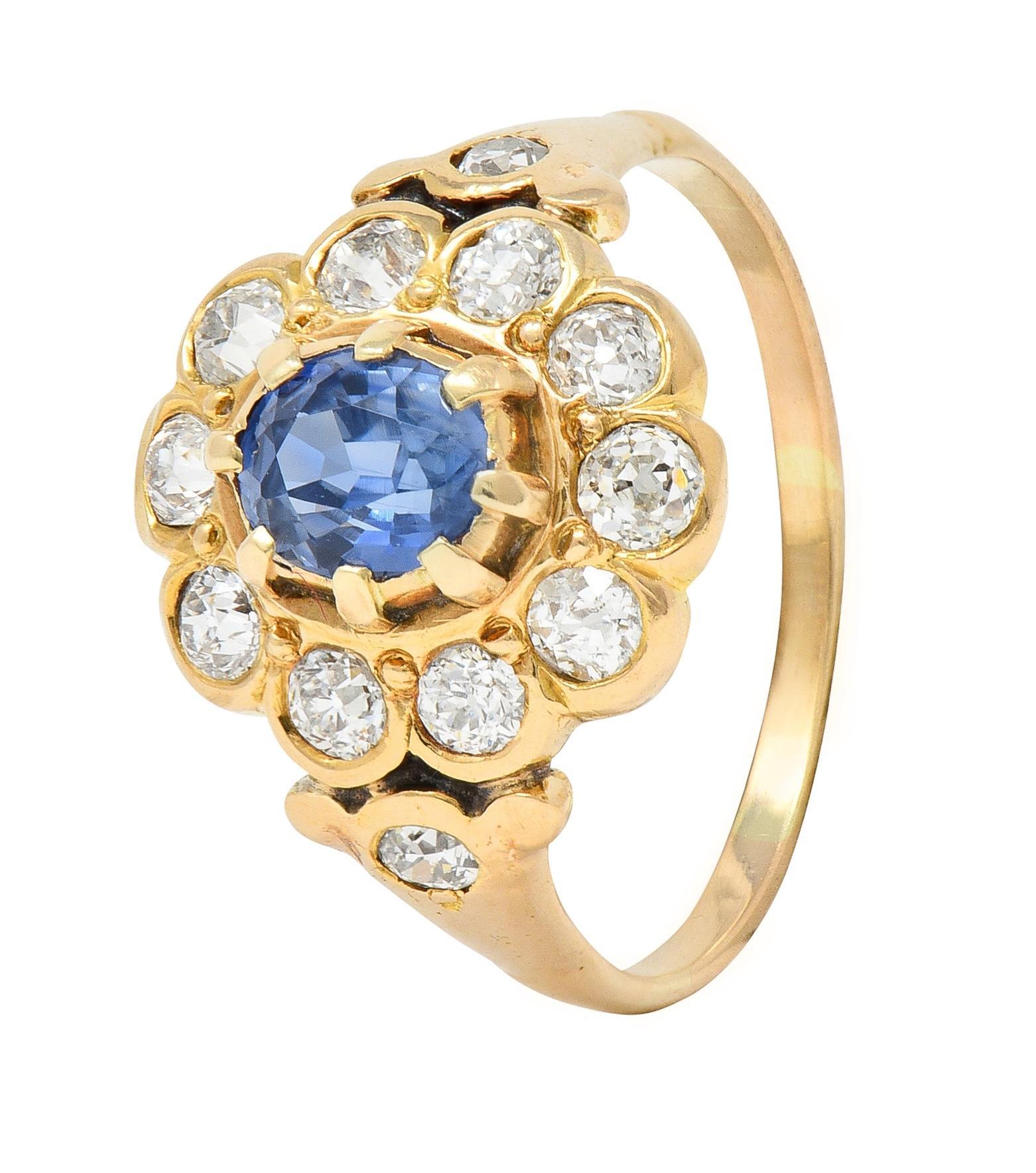 Victorian 1.37 CTW Sapphire Diamond 14 Karat Yellow Gold Antique Halo Ring 2