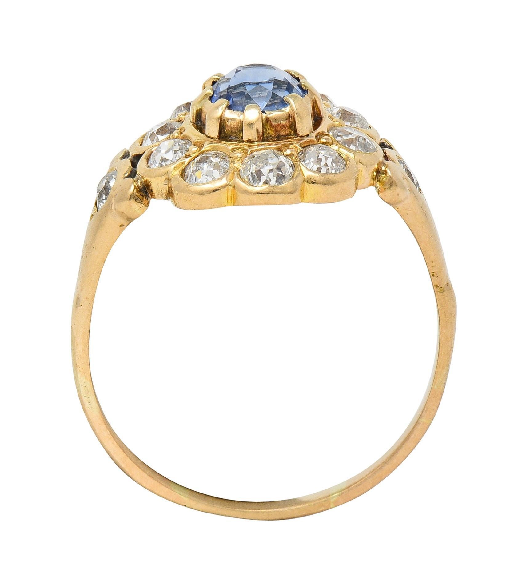 Victorian 1.37 CTW Sapphire Diamond 14 Karat Yellow Gold Antique Halo Ring 3