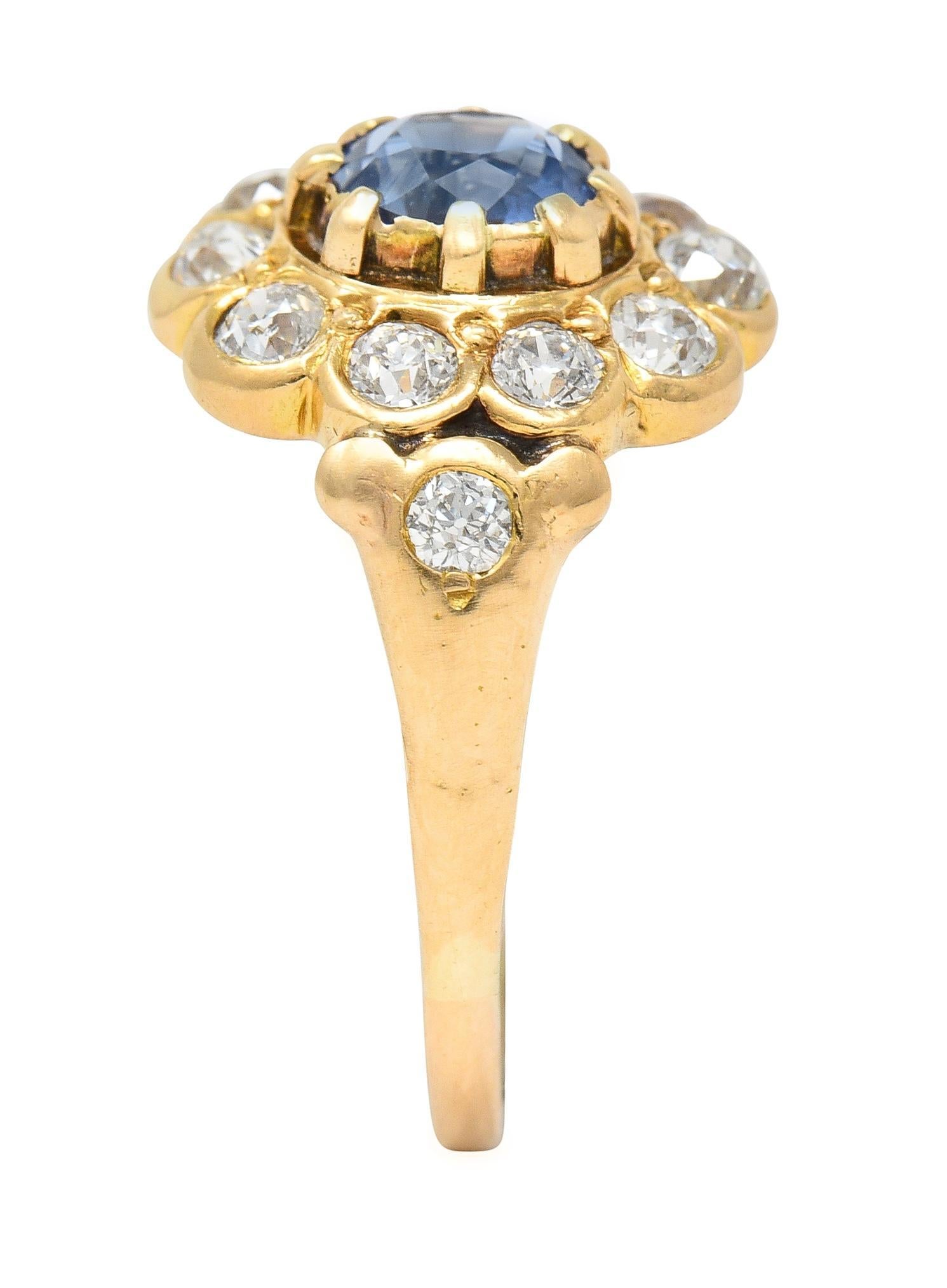 Victorian 1.37 CTW Sapphire Diamond 14 Karat Yellow Gold Antique Halo Ring 4
