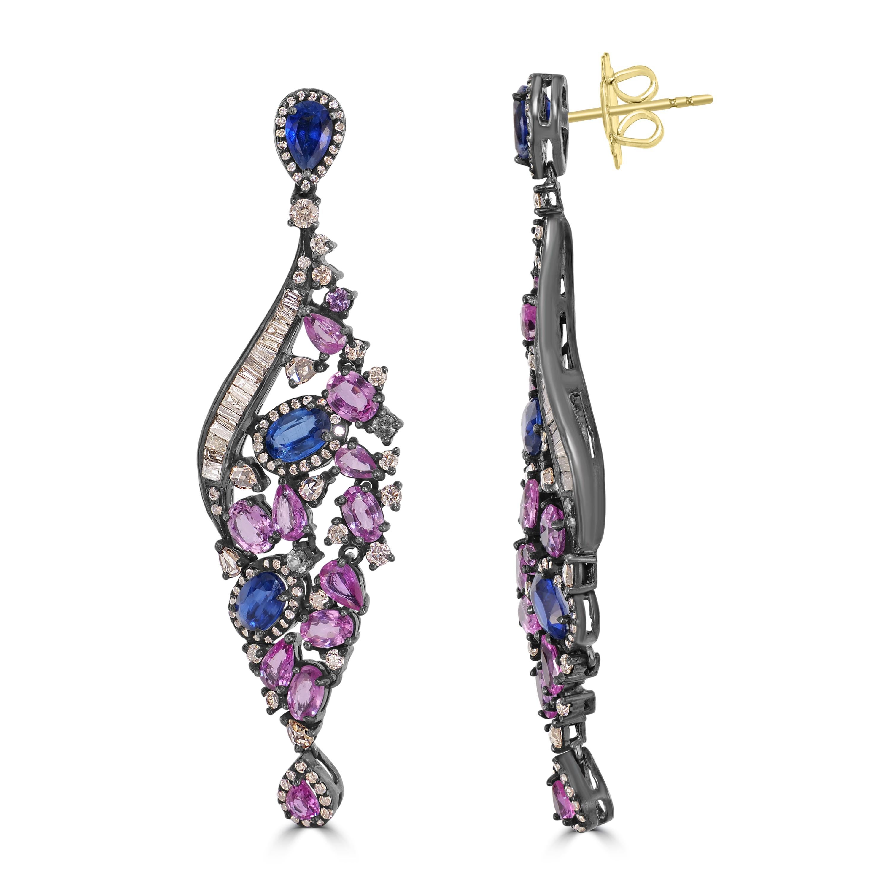 Pear Cut Victorian 13.72 Cttw. Pink Sapphire, Kyanite and Diamond Dangle Earrings  For Sale