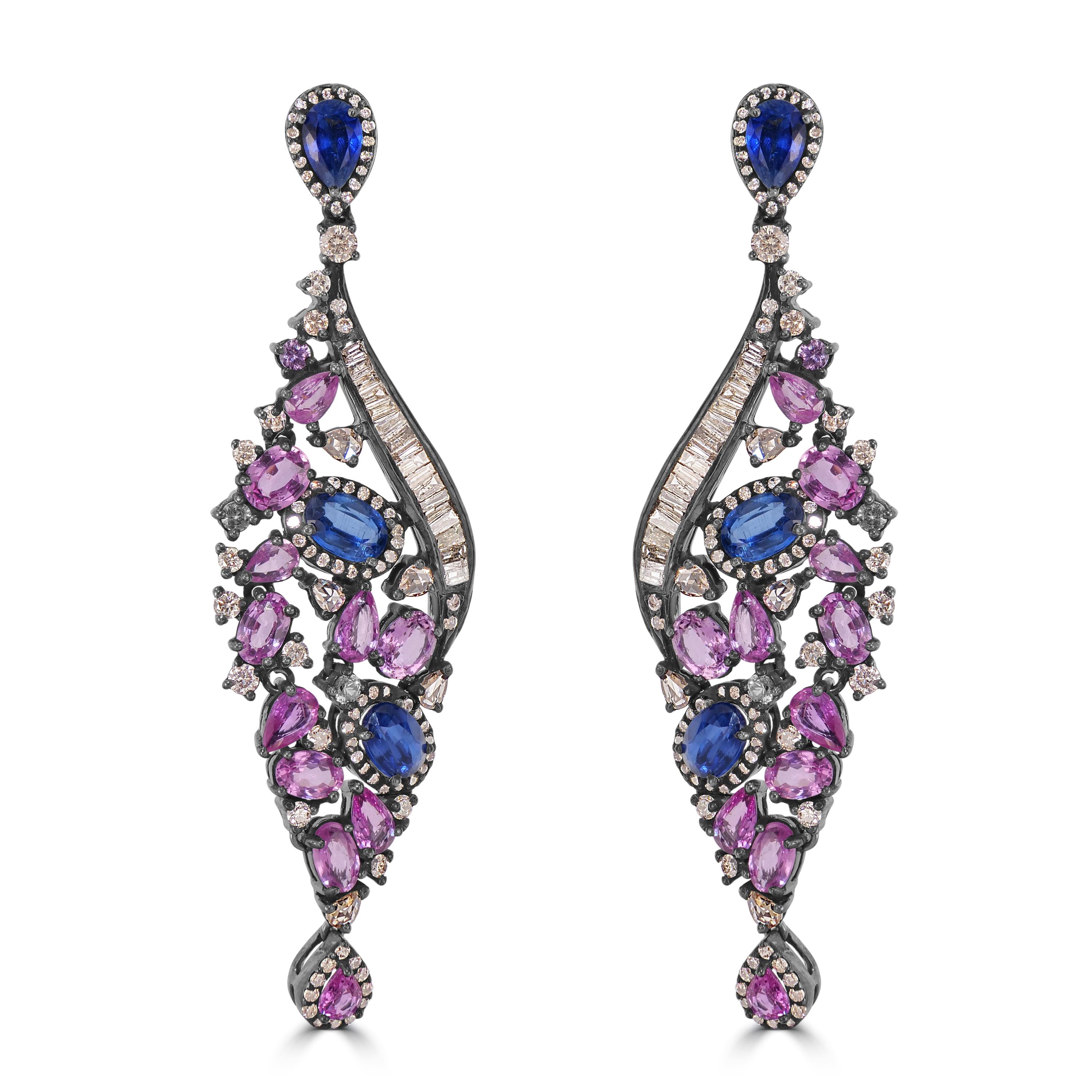 Victorian 13.72 Cttw. Pink Sapphire, Kyanite and Diamond Dangle Earrings  In New Condition For Sale In New York, NY