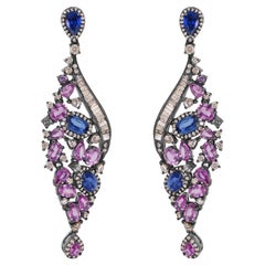 Victorian 13.72 Cttw. Pink Sapphire, Kyanite and Diamond Dangle Earrings Victorian 13.72 Cttw. Pink Sapphire, Kyanite and Diamond Dangle Earrings