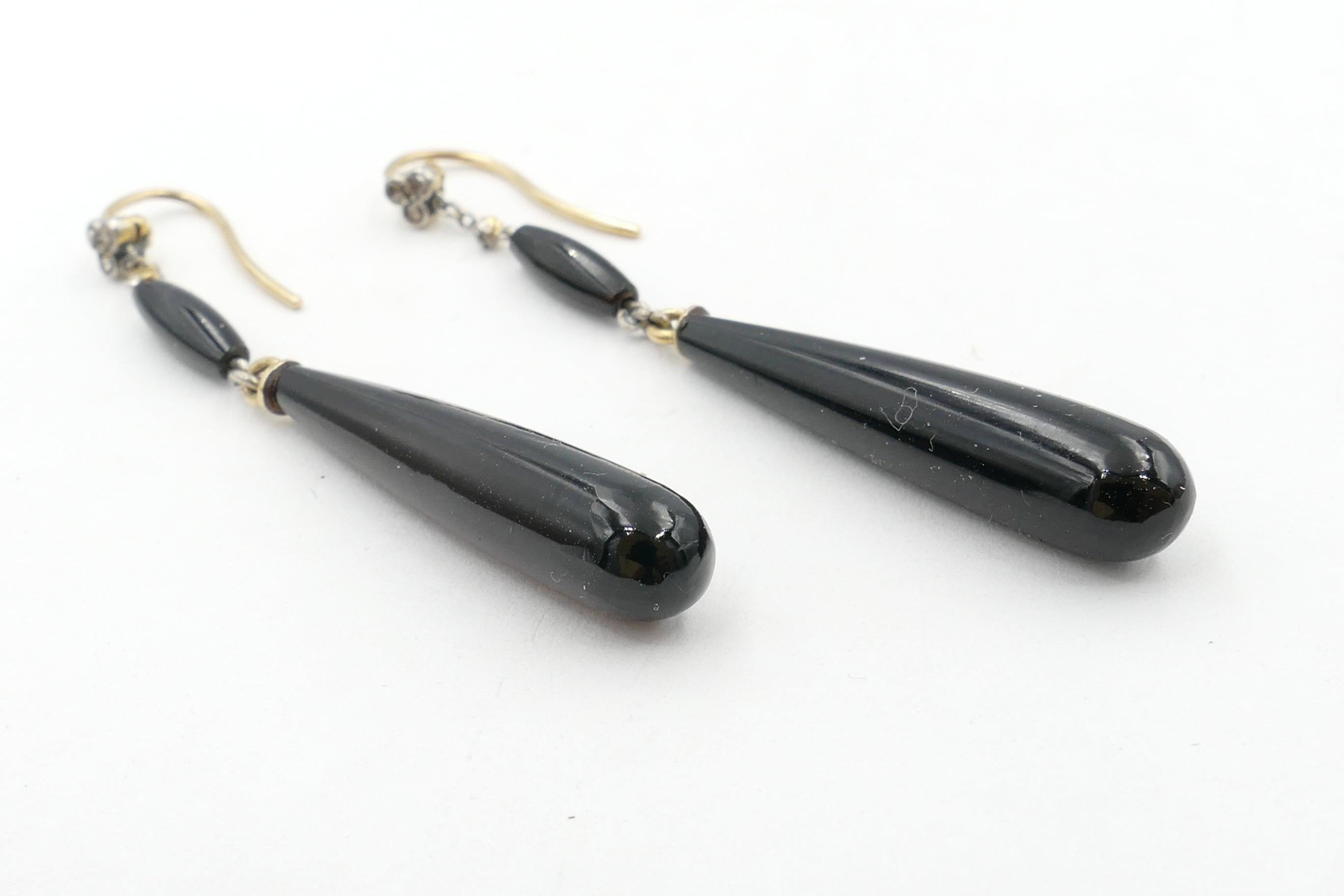 Rose Cut Victorian 13 Carat 'XRF tested' Yellow Gold & Onyx Diamond & Onyx Drop Earrings For Sale