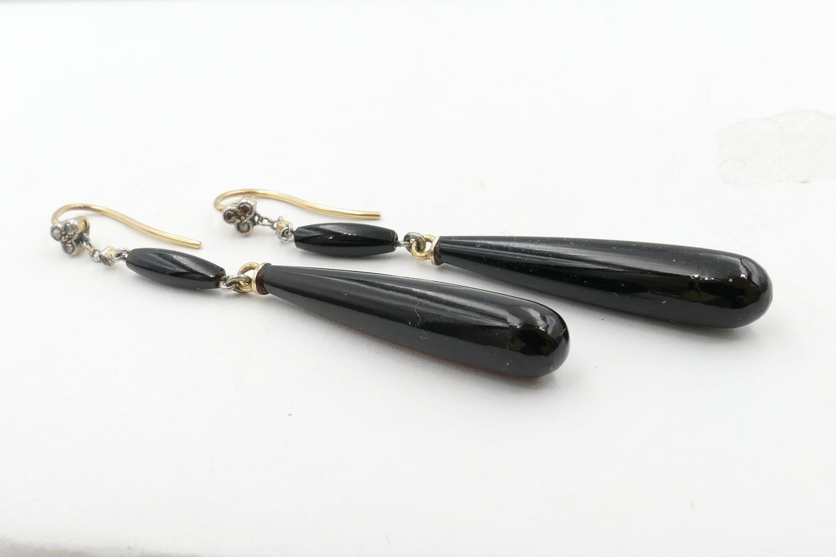 Women's Victorian 13 Carat 'XRF tested' Yellow Gold & Onyx Diamond & Onyx Drop Earrings For Sale