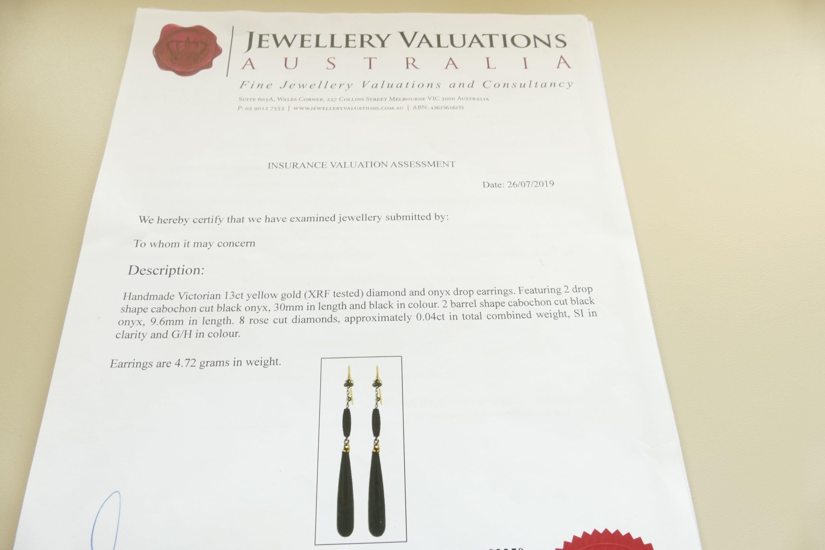 Victorian 13 Carat 'XRF tested' Yellow Gold & Onyx Diamond & Onyx Drop Earrings For Sale 1