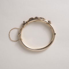 Victorian 13.5K Gold Garnet & Pearl Bangle, Circa 1890, Floral Design