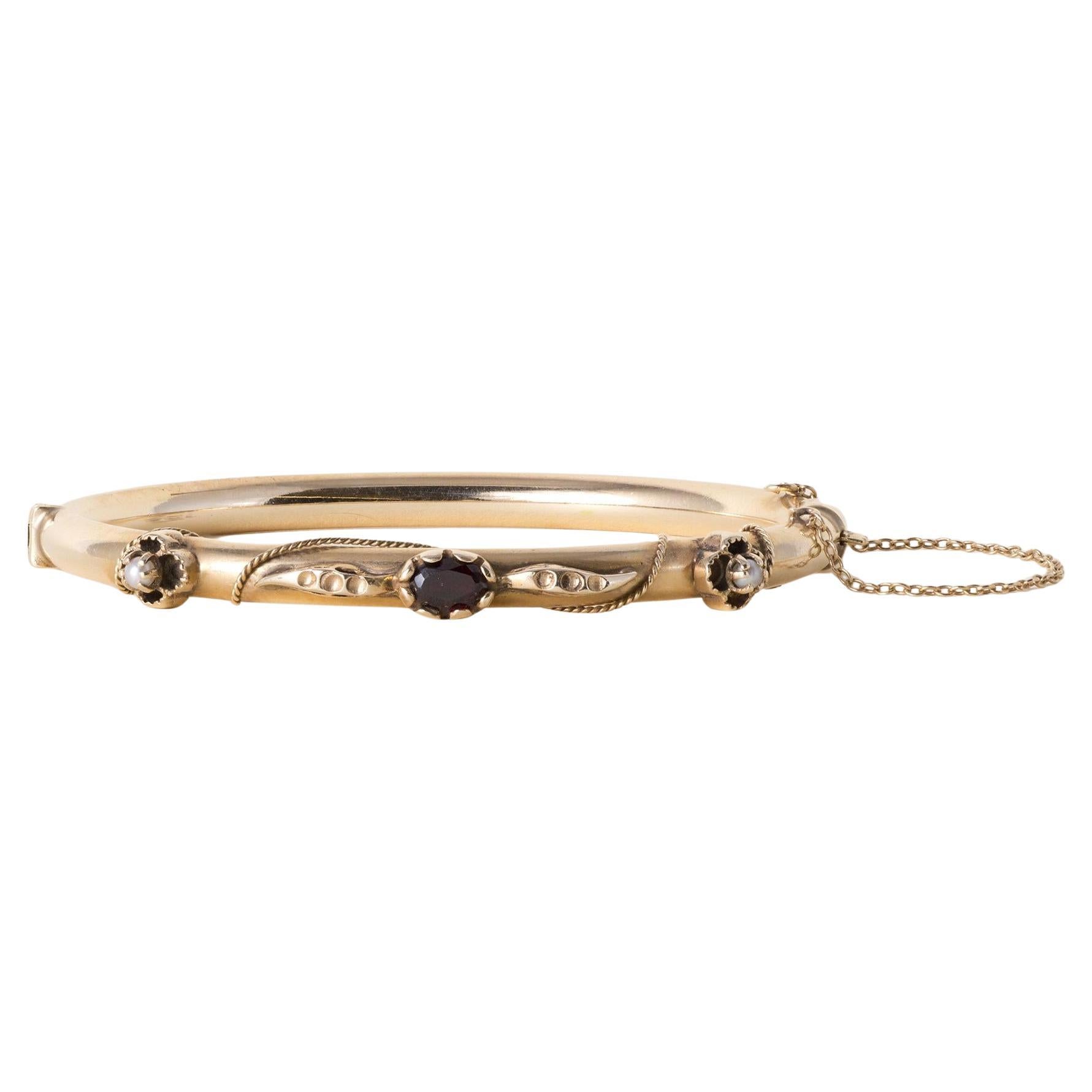 Victorian 13K Gold Garnet 
Pearl Bangle For Sale