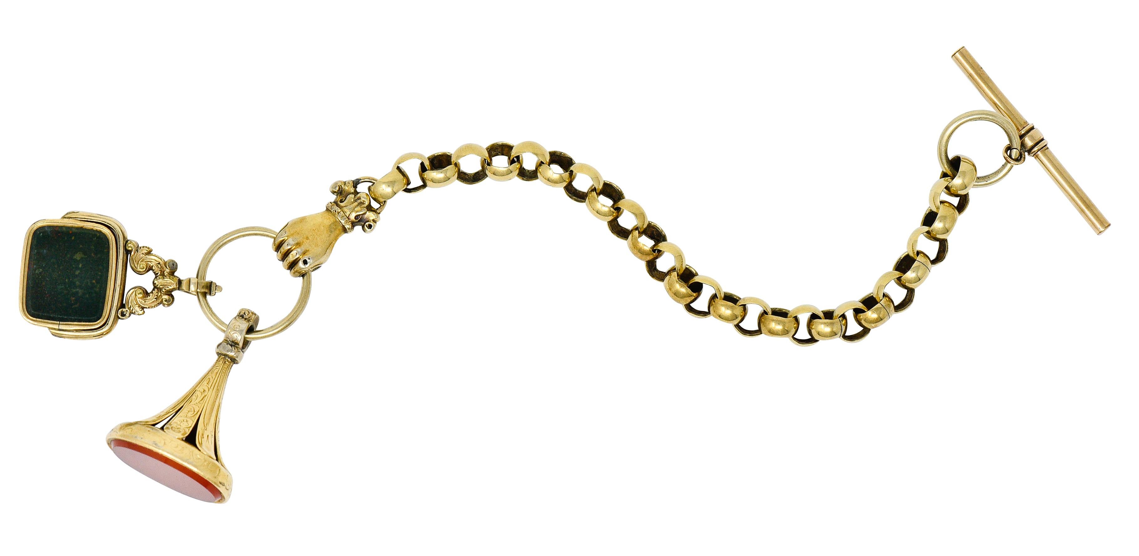 Victorian 14 and 18 Karat Gold Fob Charm Hand Link Bracelet 5