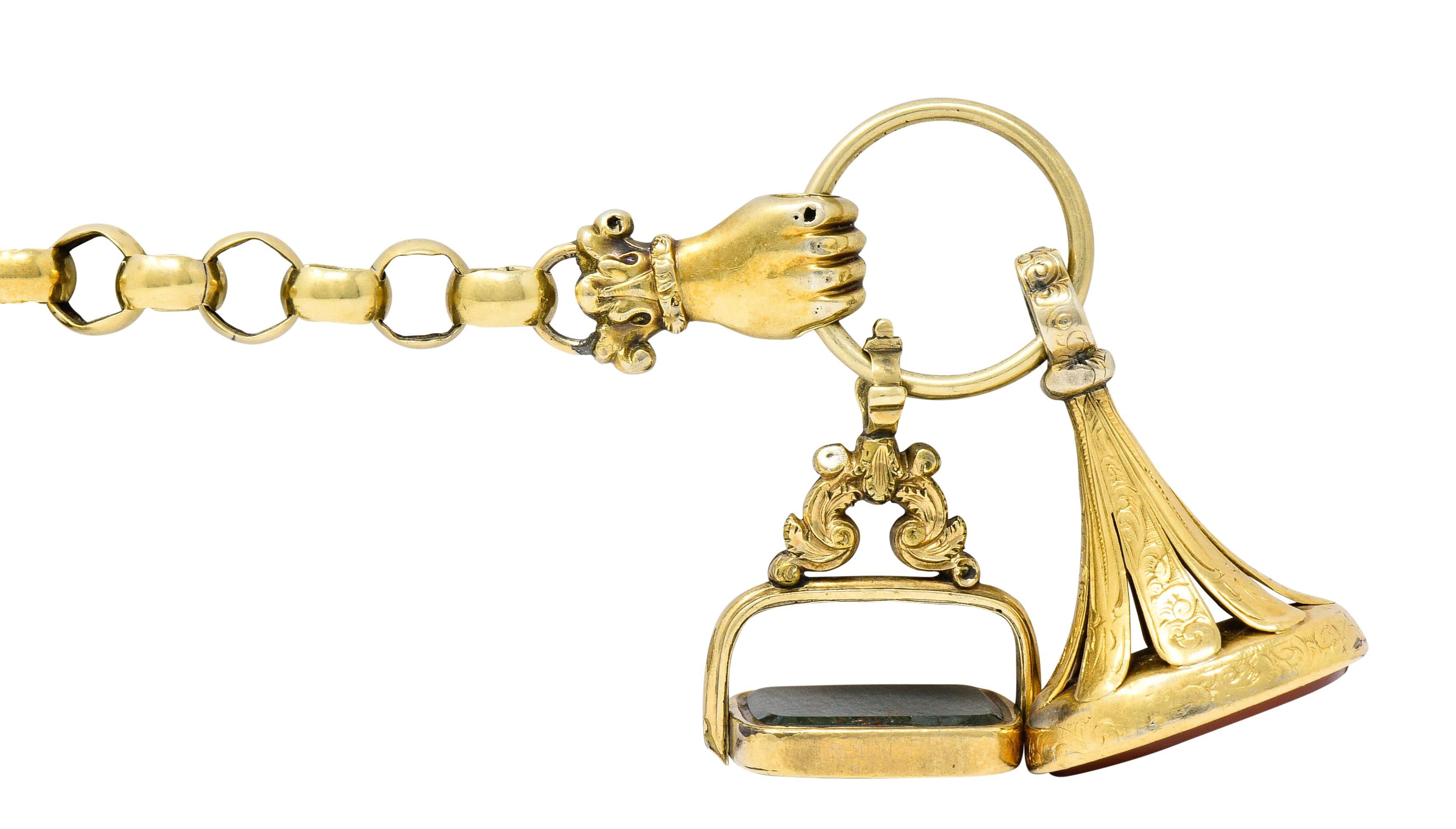 Women's or Men's Victorian 14 and 18 Karat Gold Fob Charm Hand Link Bracelet