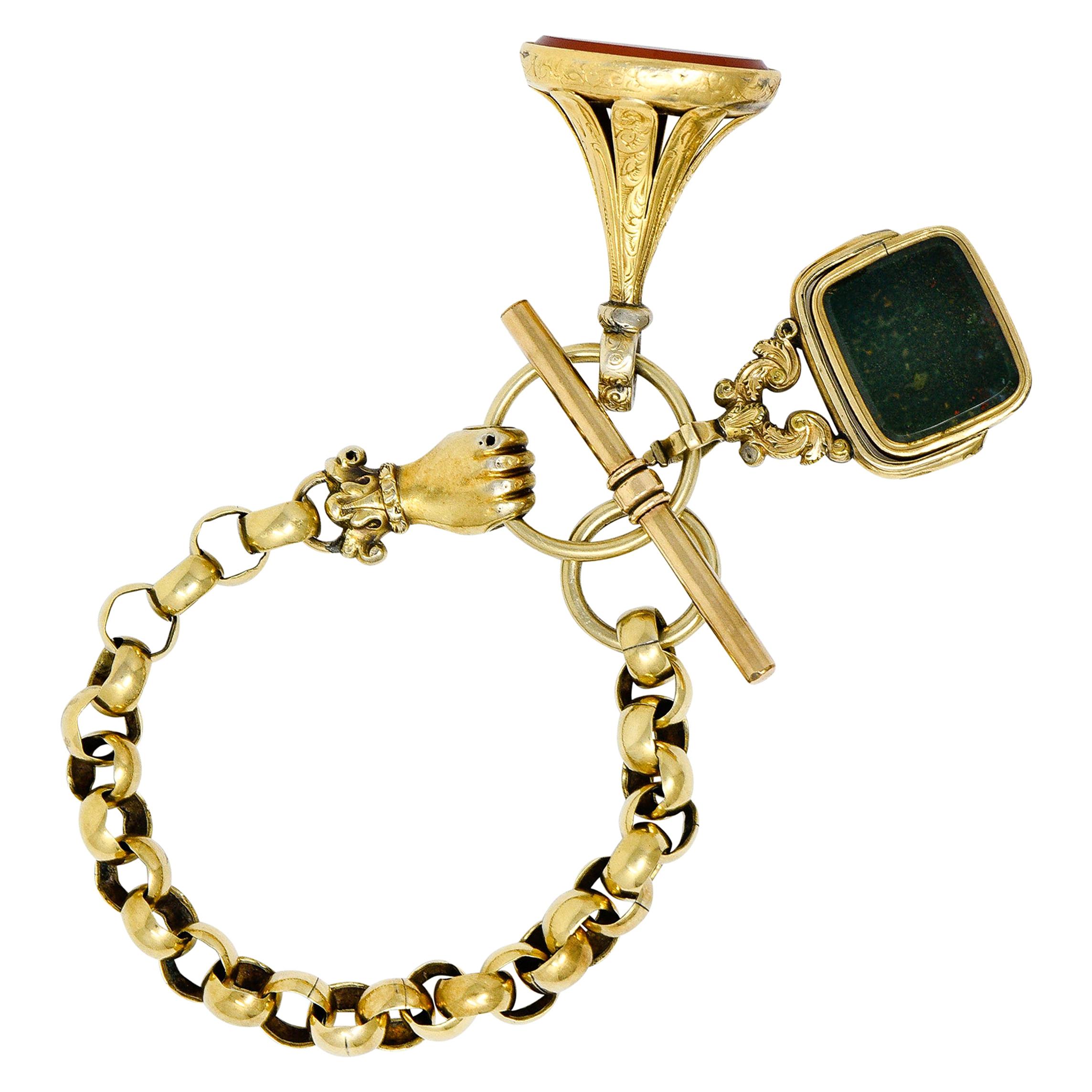 Victorian 14 and 18 Karat Gold Fob Charm Hand Link Bracelet