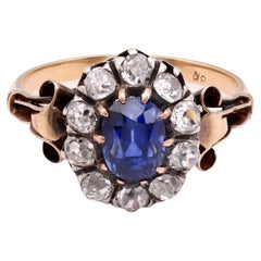Victorian 1.4 Carat Oval Cut Sapphire Diamond 18K Yellow Gold Cluster Ring