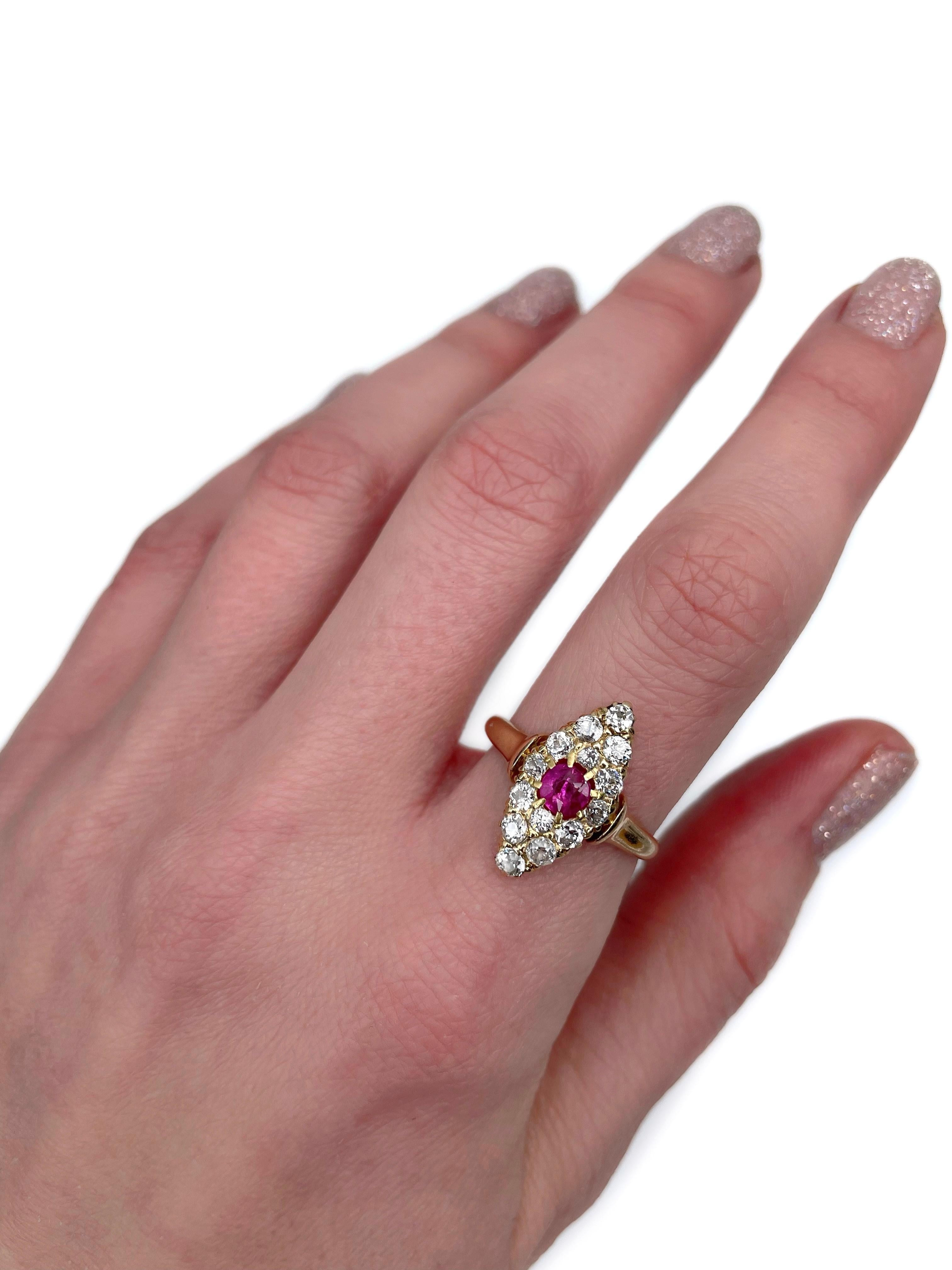 This is a Victorian navette ring crafted in 14K yellow gold. Circa 1890. 

 It features:
- 1 ruby: oval cut, 0.35ct, slpR 5/5, P3
- 14 diamonds: old cut, 0.72ct, G-H, VS-SI

There is a hallmark “585” engraved on the shank. 

Weight: 3.56g 
Size:
