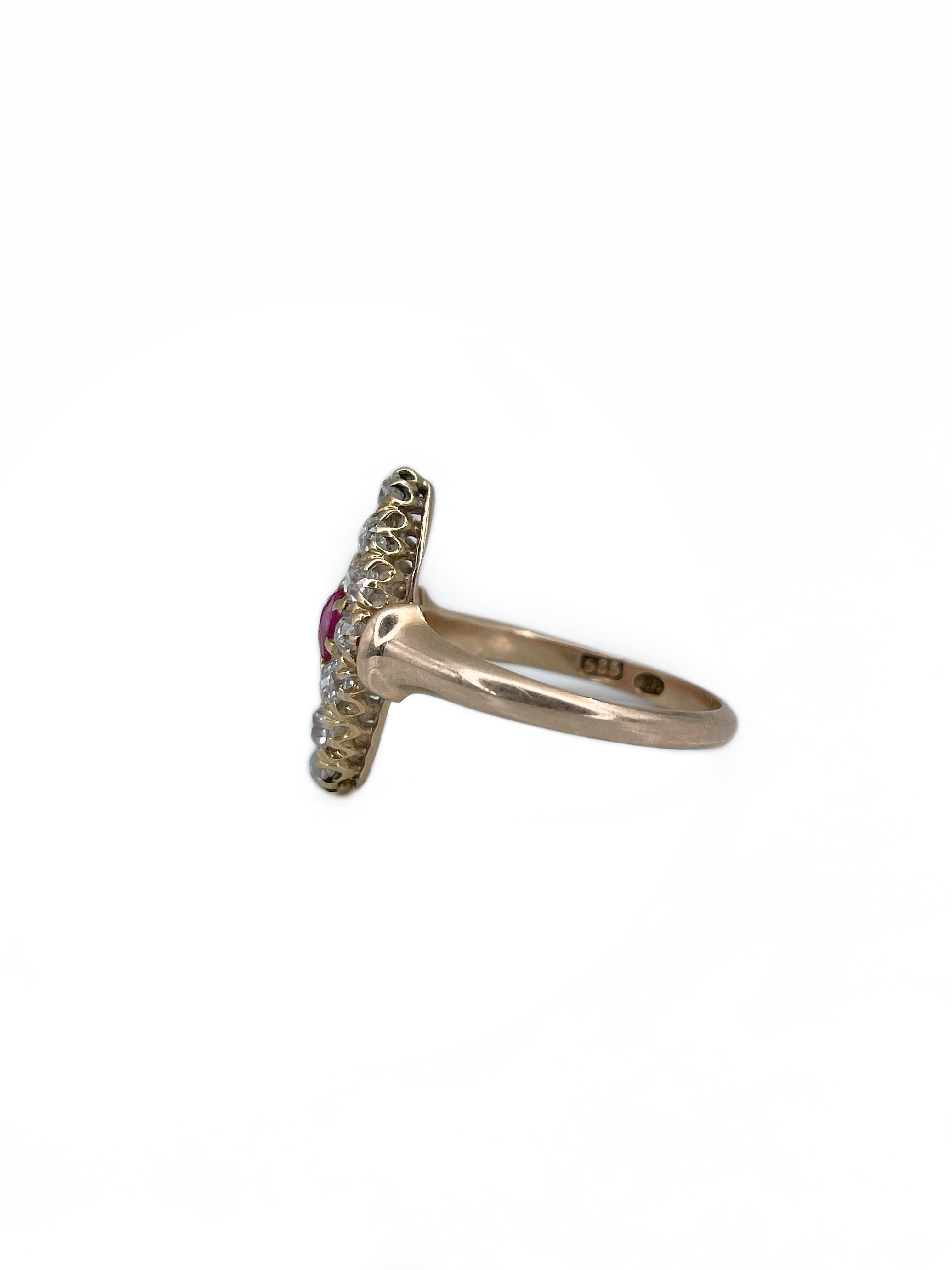 Mixed Cut Victorian 14 Karat Gold 0.35 Carat Ruby 0.72 Carat Diamond Navette Ring For Sale