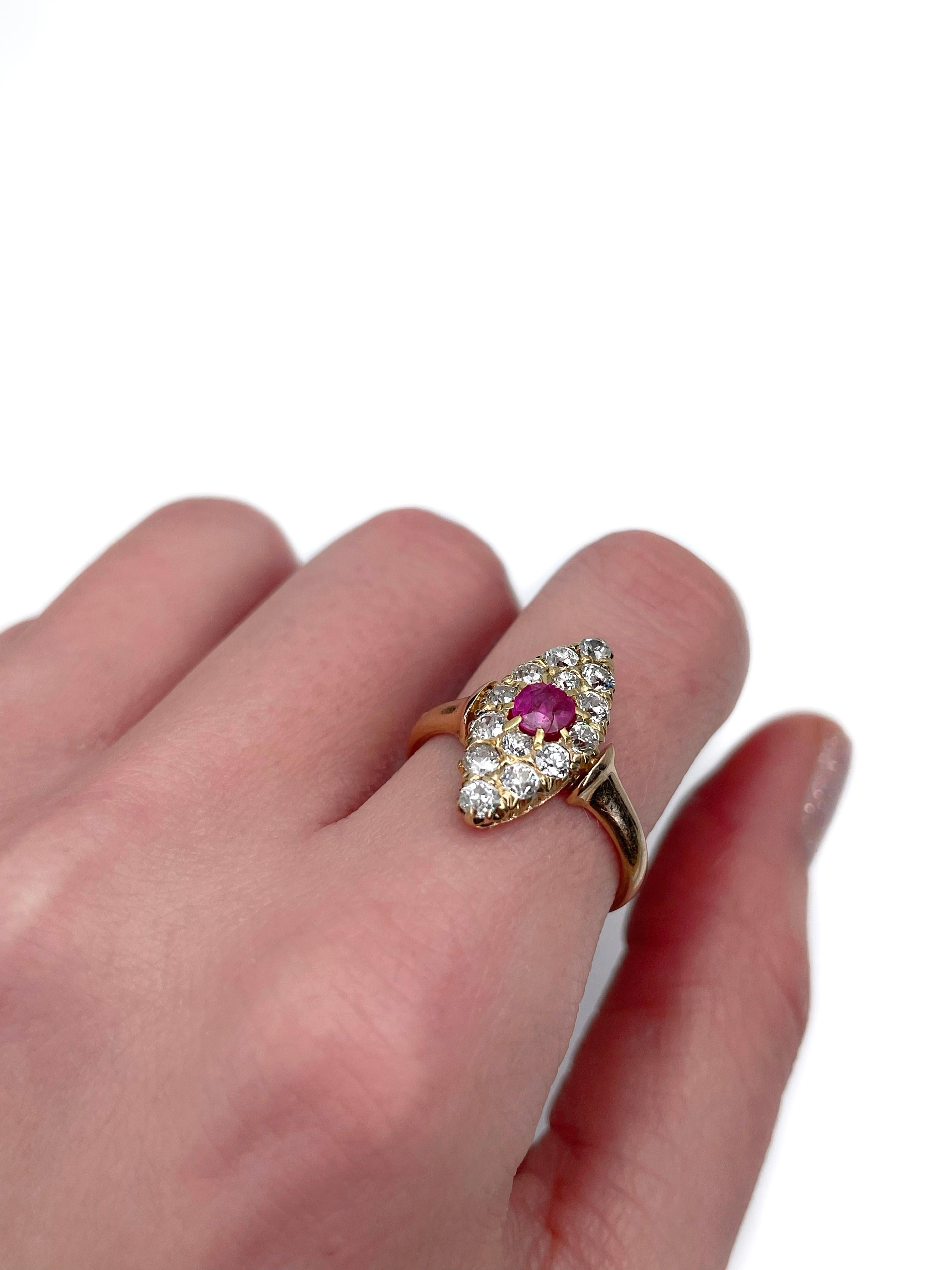 Victorian 14 Karat Gold 0.35 Carat Ruby 0.72 Carat Diamond Navette Ring In Good Condition For Sale In Vilnius, LT