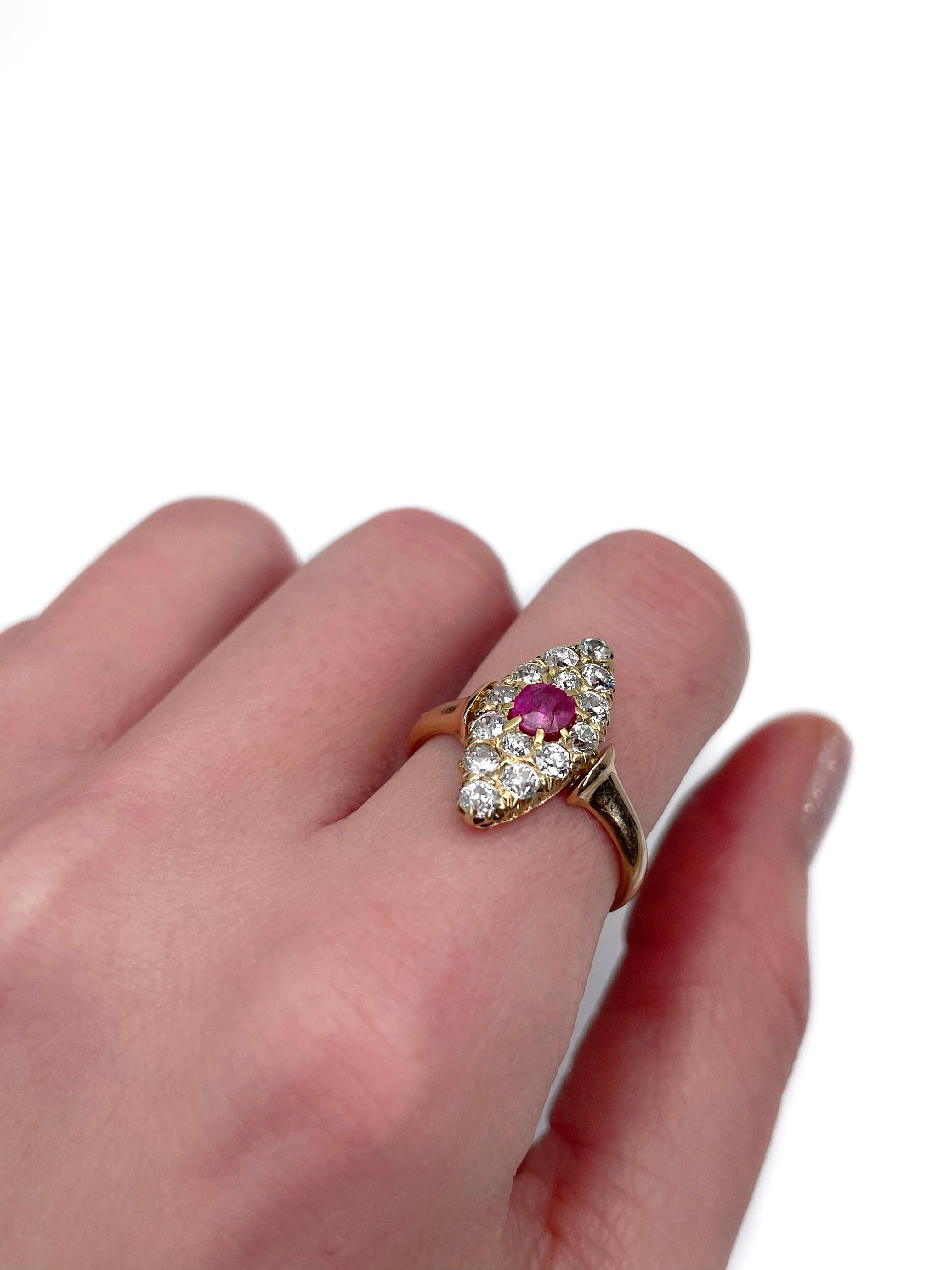 Anillo Navette Victoriano de Oro de 14 Kilates 0,35 Quilates Rubí 0,72 Quilates Diamante en Bueno estado para la venta en Vilnius, Vilniaus apskr.