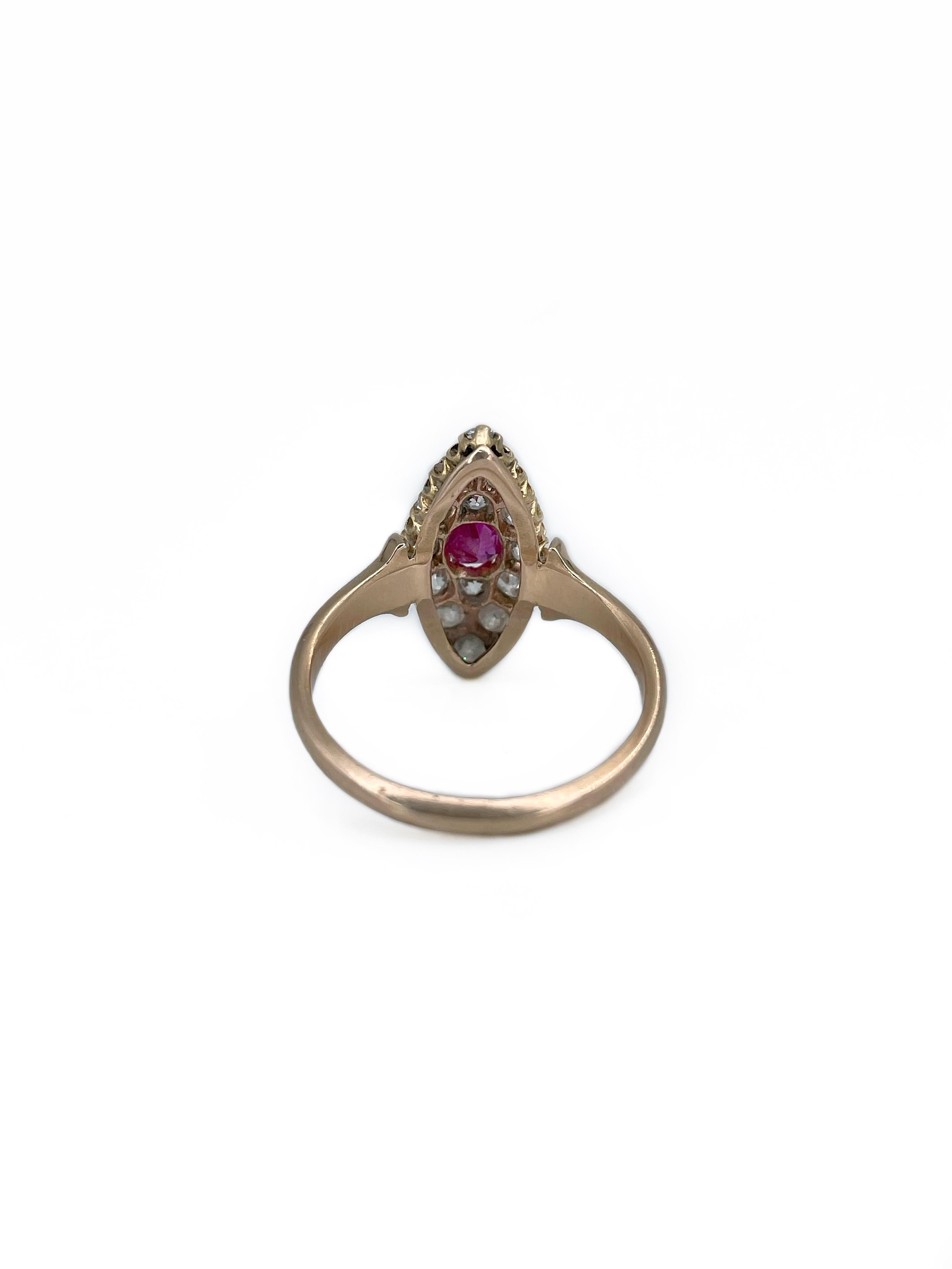 Women's Victorian 14 Karat Gold 0.35 Carat Ruby 0.72 Carat Diamond Navette Ring For Sale