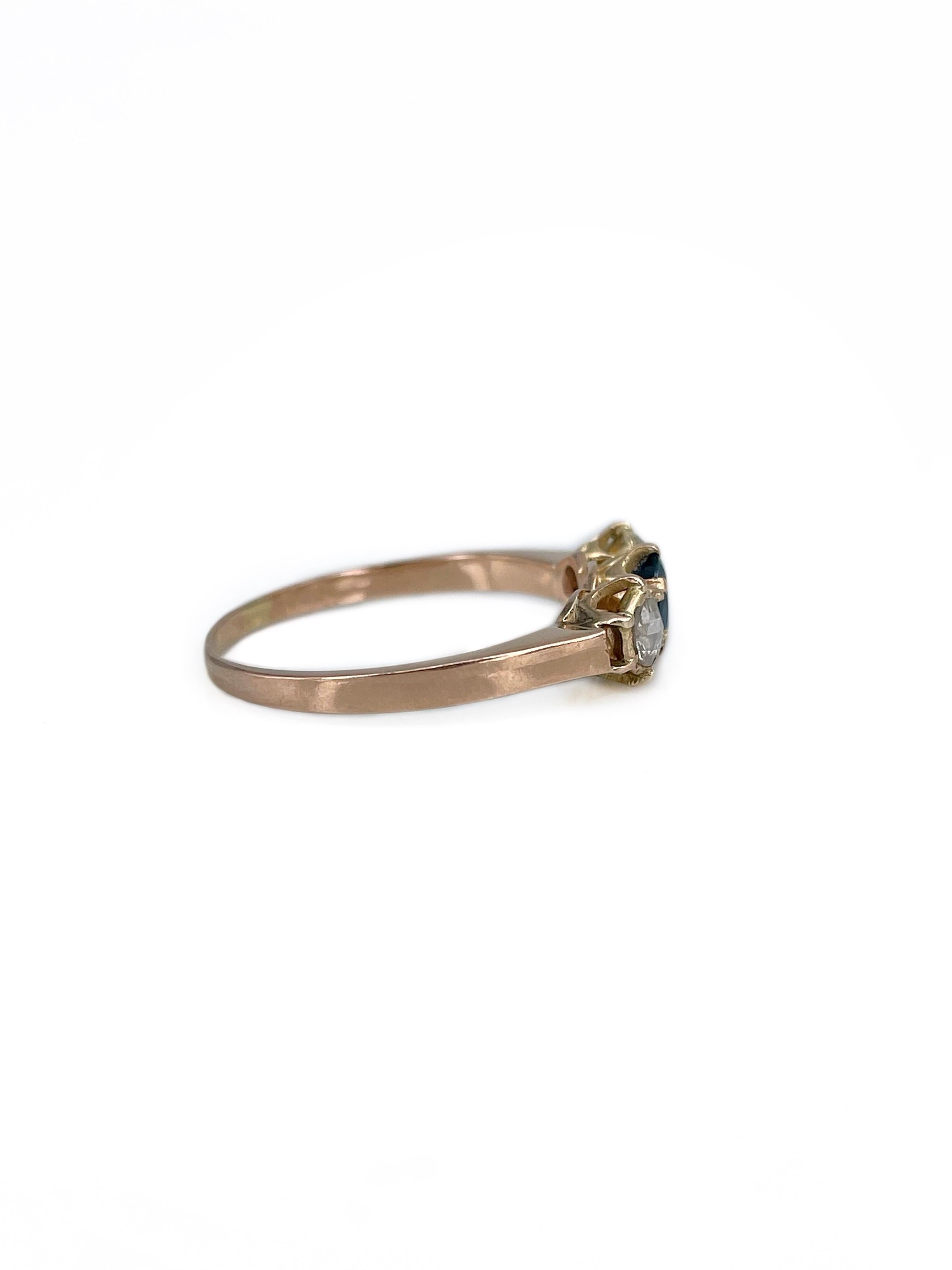 Victorian 14 Karat Gold 0.35 Carat Sapphire 0.18 Carat Diamond Three-Stone Ring In Good Condition For Sale In Vilnius, LT