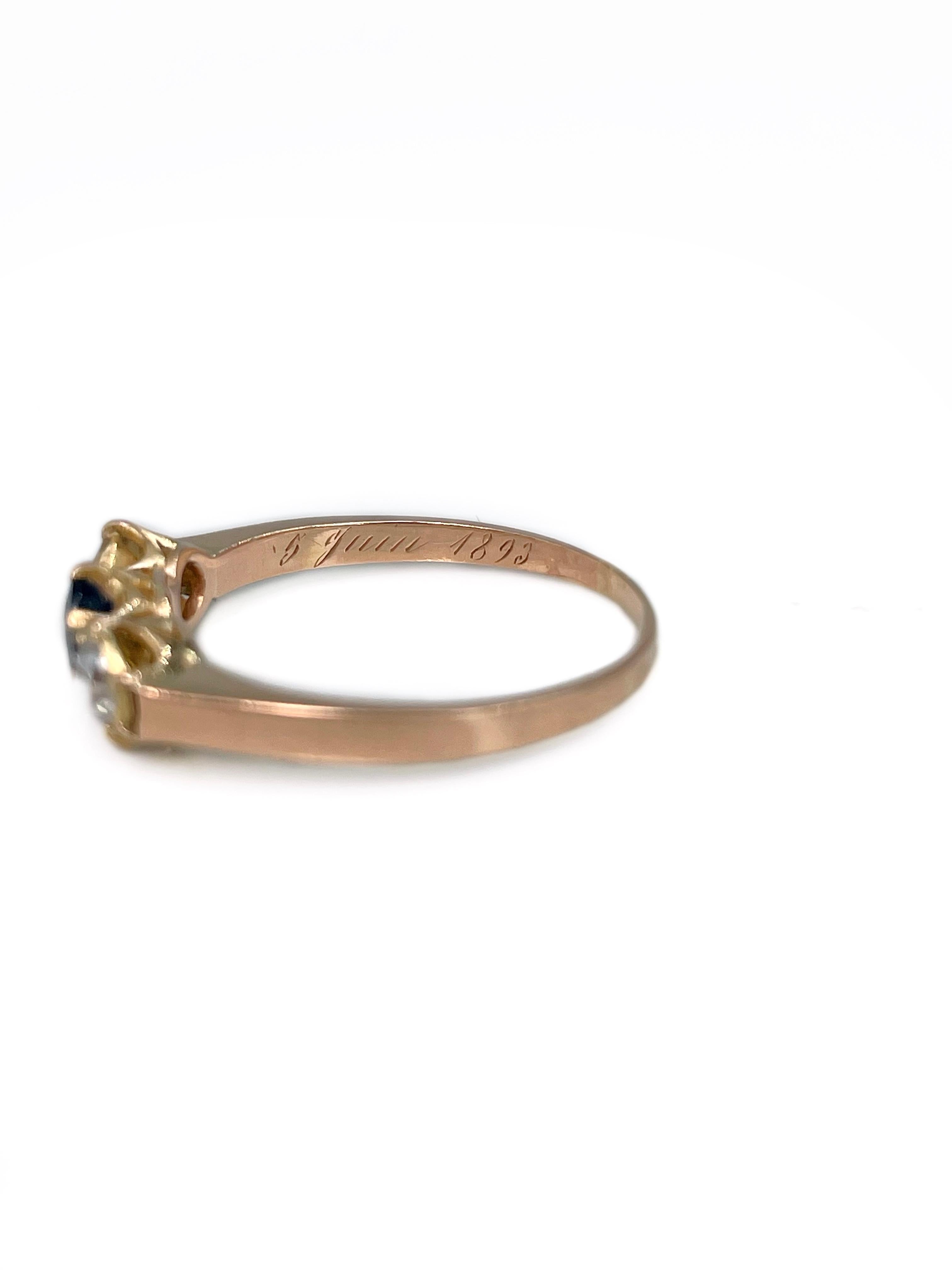 Viktorianischer dreisteiniger viktorianischer Ring aus 14 Karat Gold mit 0,35 Karat Saphir und 0,18 Karat Diamant im Angebot 1