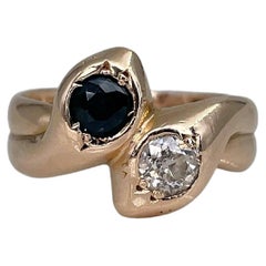 Antique Victorian 14 Karat Gold 0.5 Carat Diamond 0.58 Carat Sapphire Double Snake Ring