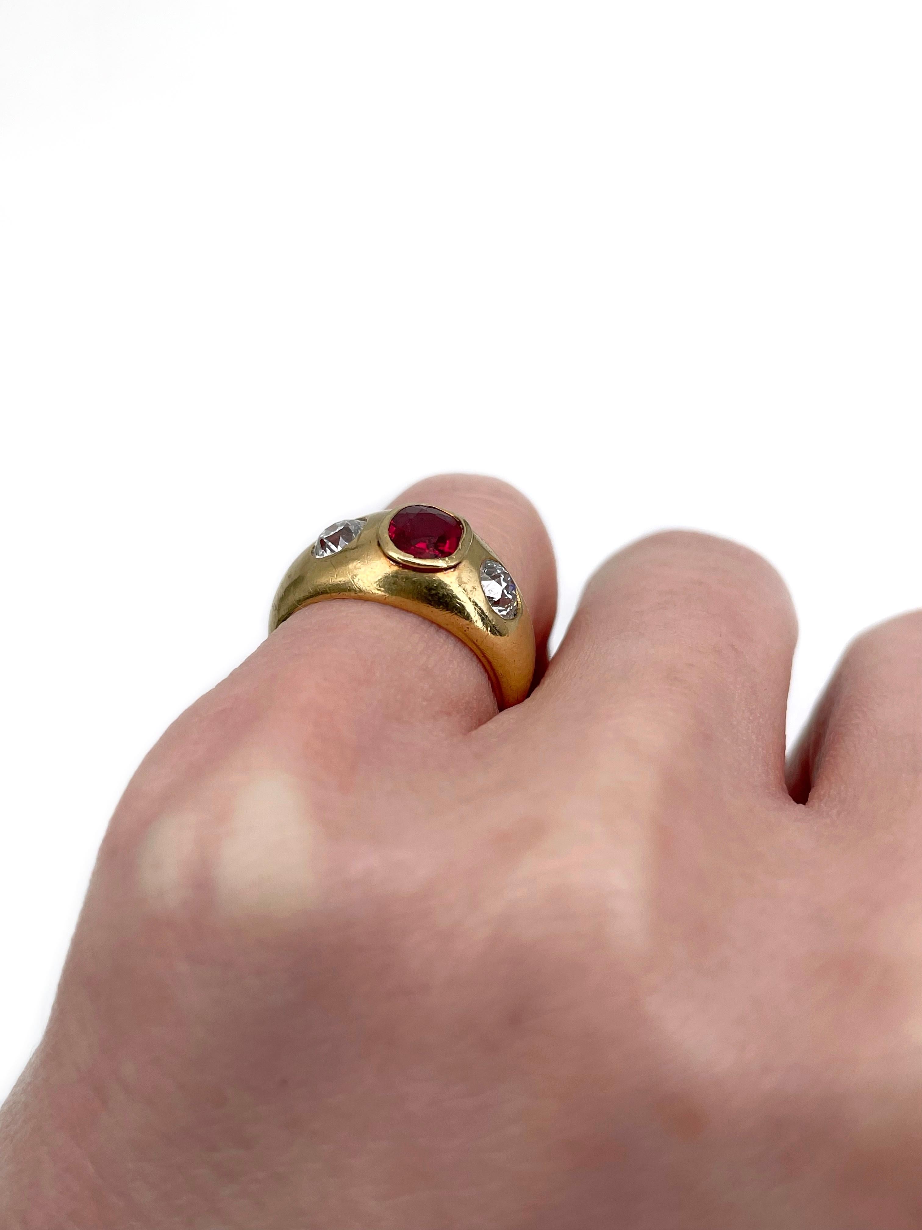Anillo Victoriano de Tres Piedras de Oro de 14 Kilates 0,70 Quilates SI Rubí 0,65 Quilates Diamante Corte mixto