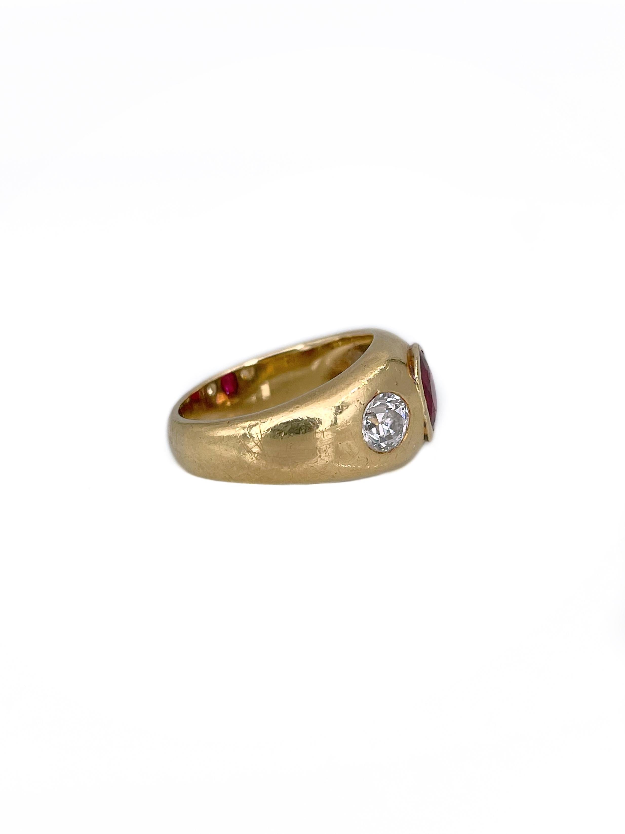 Anillo Victoriano de Tres Piedras de Oro de 14 Kilates 0,70 Quilates SI Rubí 0,65 Quilates Diamante en Bueno Estado en Vilnius, Vilniaus apskr.
