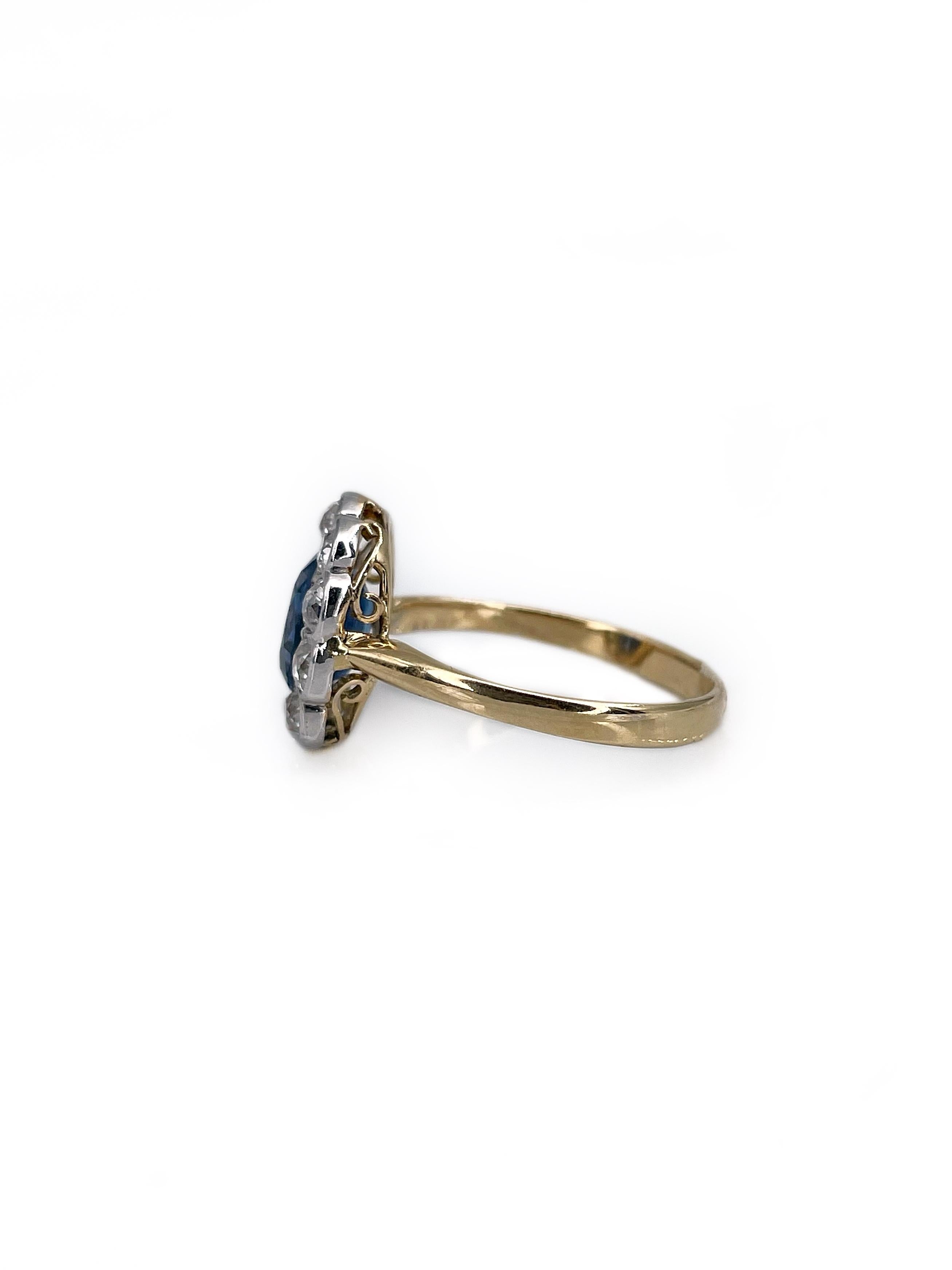 It is a beautiful antique Victorian cluster ring crafted in 14K yellow gold. The piece features oval blue sapphire: 1.00ct, B 7/5, I1. The gem is surrounded by 10 old cut diamonds: TW 1.00ct, RW-W, VS-SI1.

Weight: 3.24g
Size: 18.5 (US