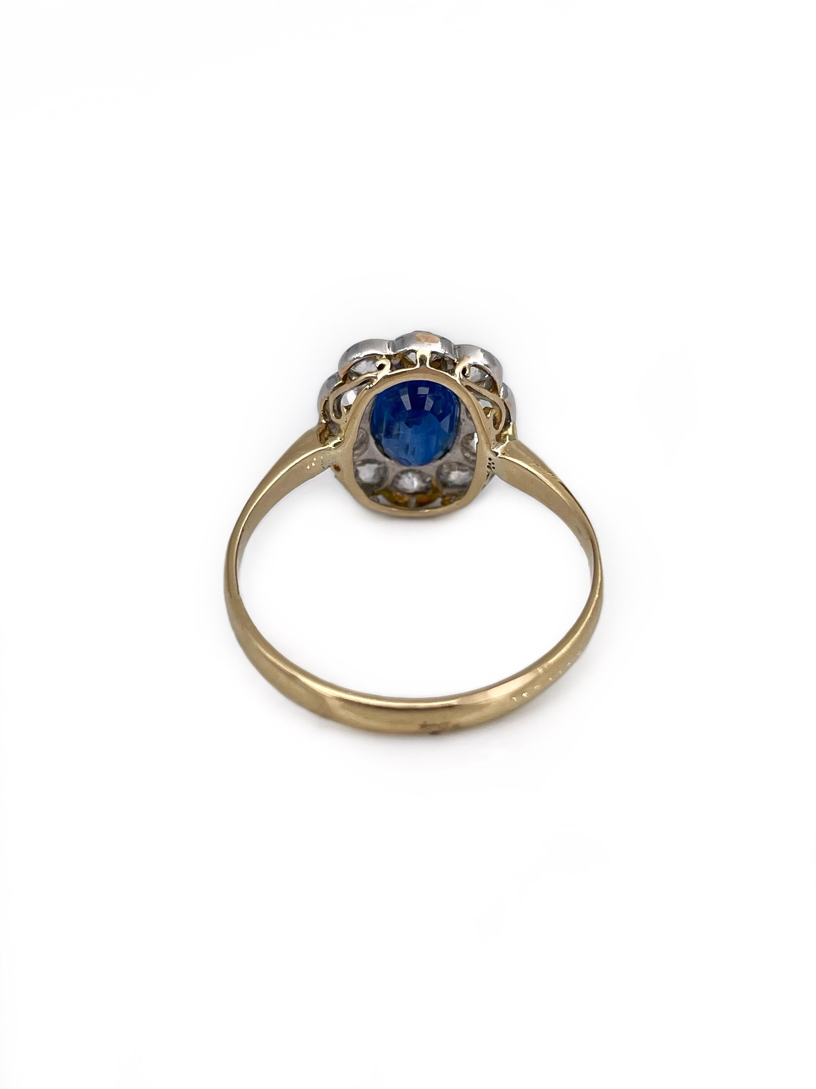 Old European Cut Victorian 14 Karat Gold 1 Carat Sapphire 1 Carat Diamond Engagement Cluster Ring