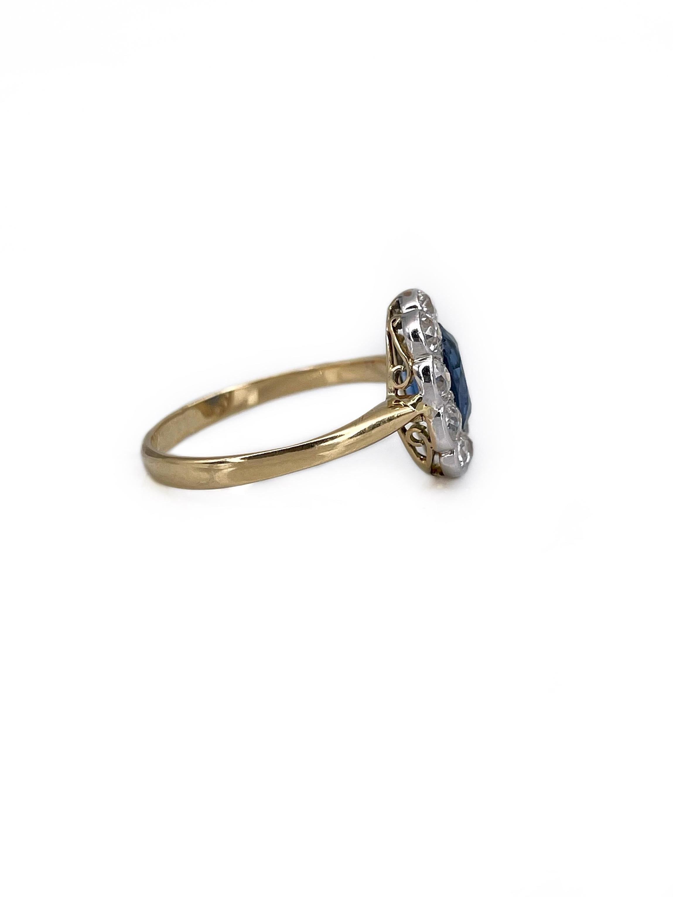 Victorian 14 Karat Gold 1 Carat Sapphire 1 Carat Diamond Engagement Cluster Ring In Good Condition In Vilnius, LT