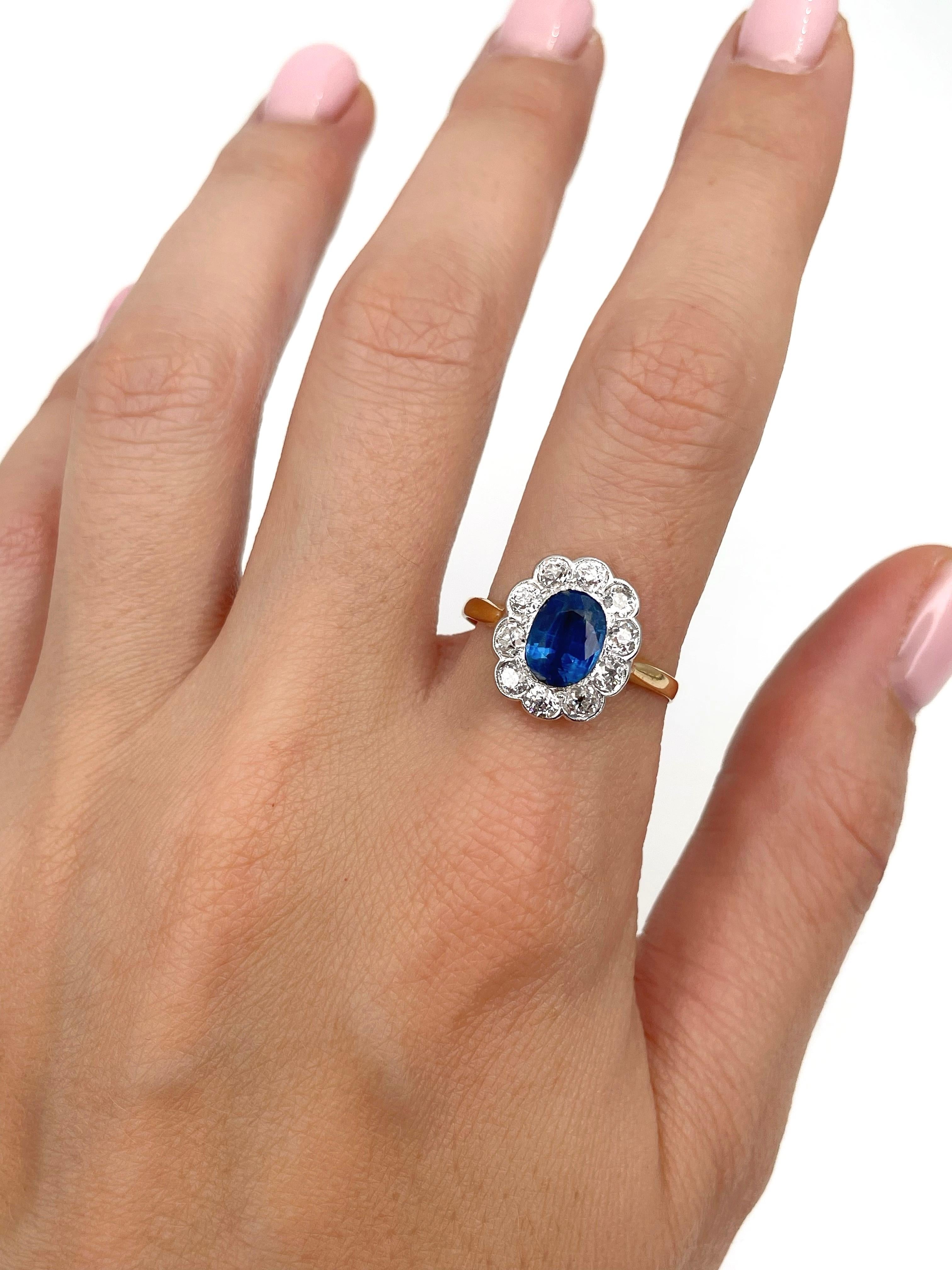 Women's Victorian 14 Karat Gold 1 Carat Sapphire 1 Carat Diamond Engagement Cluster Ring
