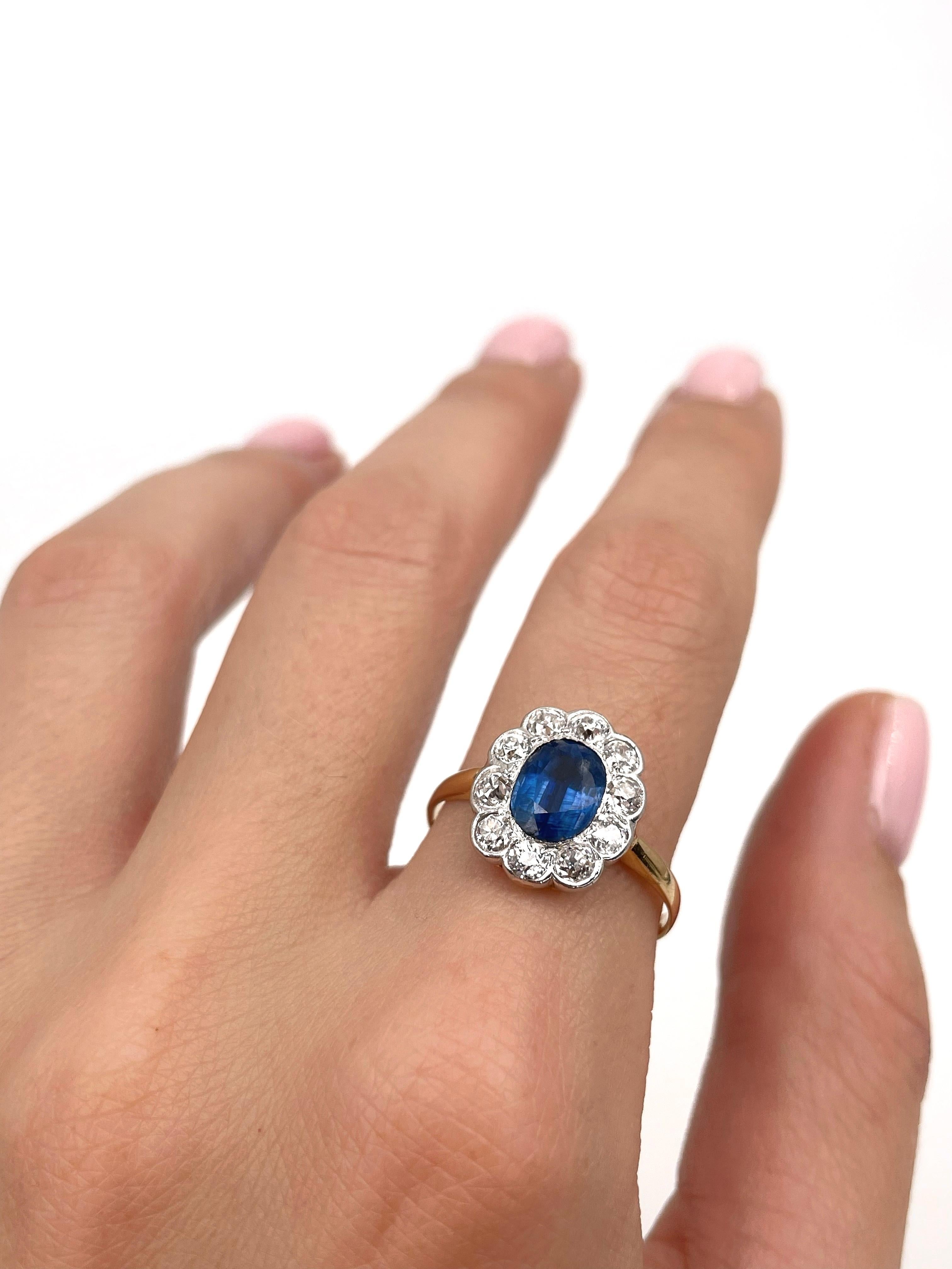 Victorian 14 Karat Gold 1 Carat Sapphire 1 Carat Diamond Engagement Cluster Ring 1