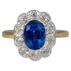 Antique Victorian 14 Karat Gold 1 Carat Sapphire 1 Carat Diamond Engagement Cluster Ring